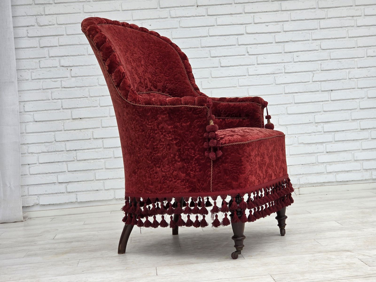 1950s, Danish Highback Armchair, Furniture Velour, Beech Wood Legs. photo vinterior