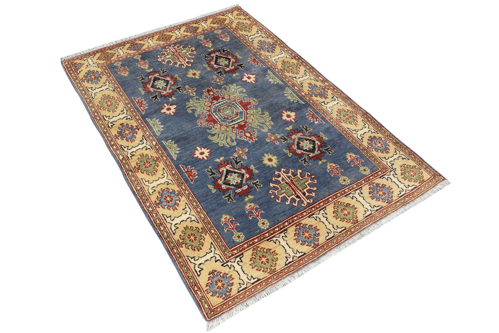 4x6 Blue And Gold Kazak Boho Handmade Living Room Bedroom Rug photo furniture