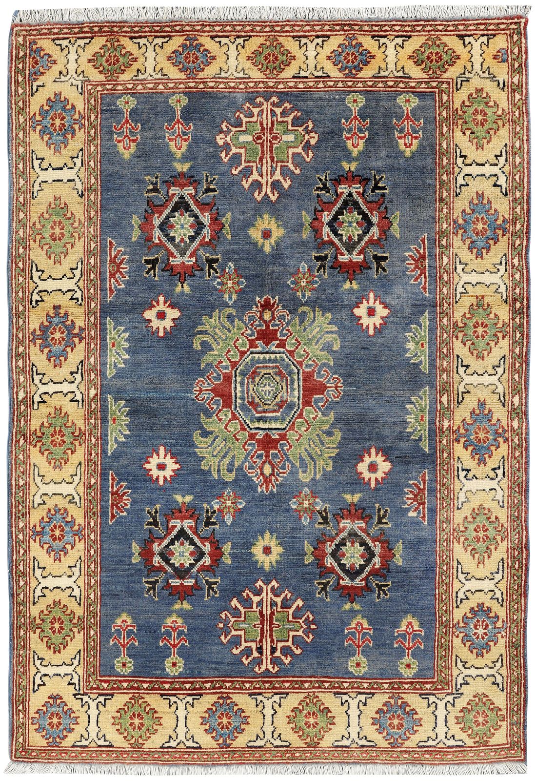 4x6 Blue And Gold Kazak Boho Handmade Living Room Bedroom Rug