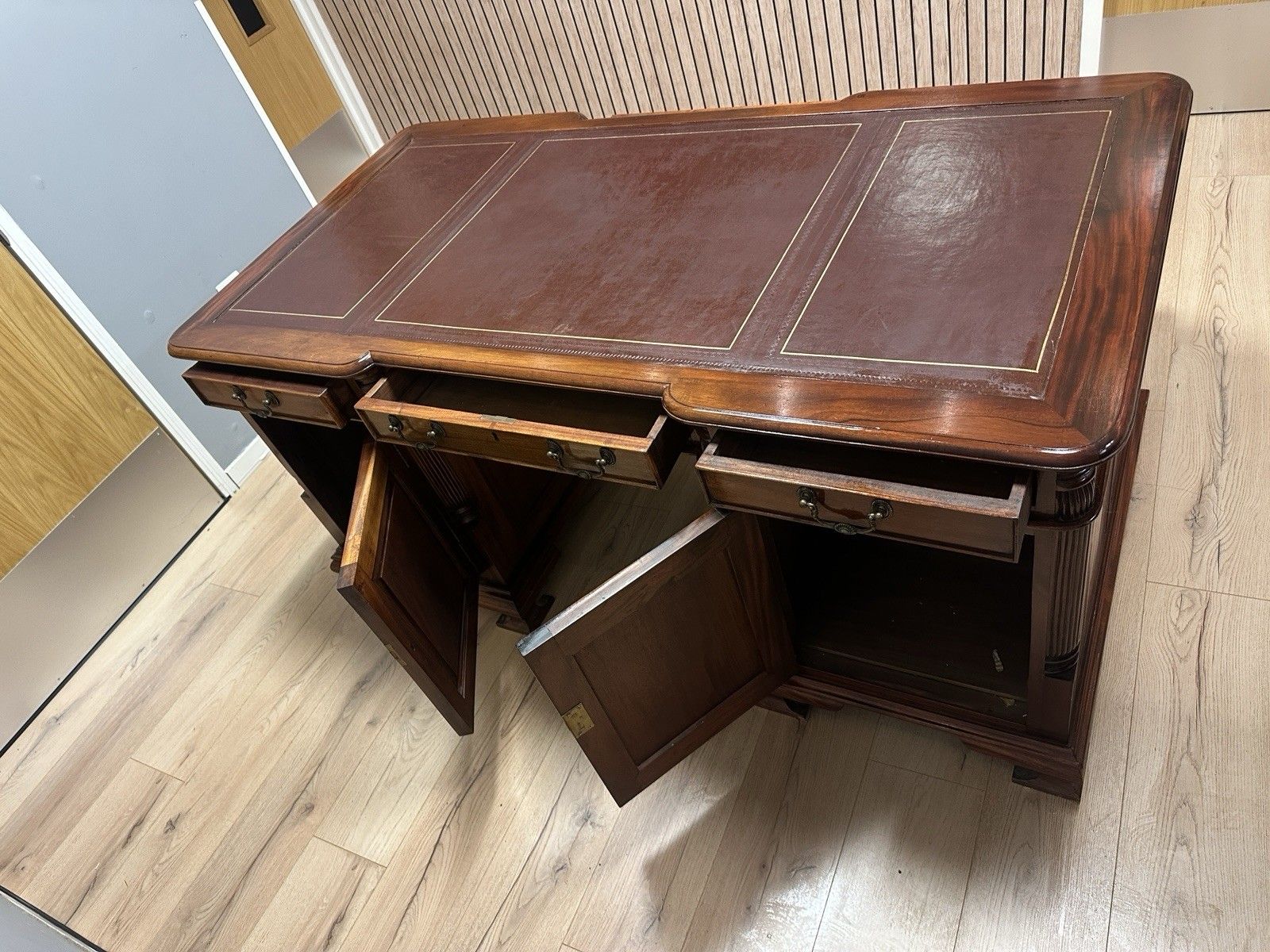 photo vinterior Impressive Antique Captains Bankers Desk Red Leather Twin Pedestal Partners #68