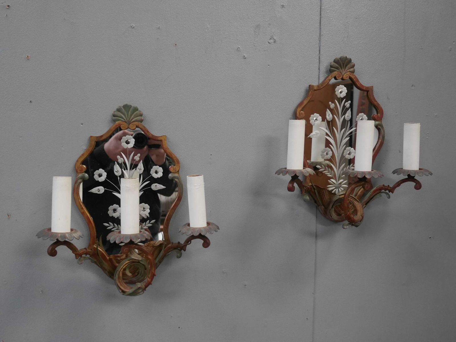 French Cut Glass Polychrome Mirrored Sconces