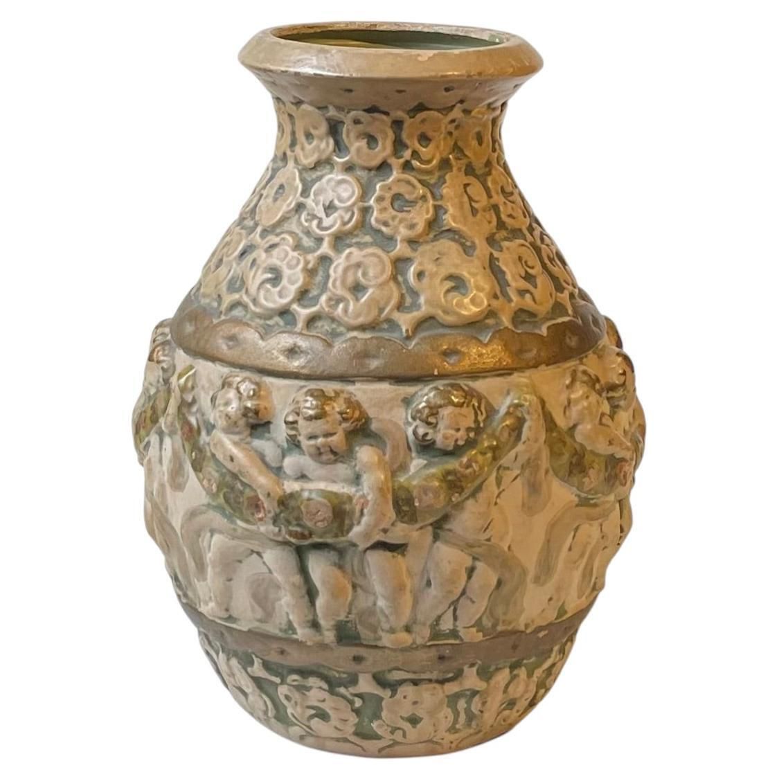 Antique Hand Painted Pottery Vase W. Putti's   Renaissance Revival In Style