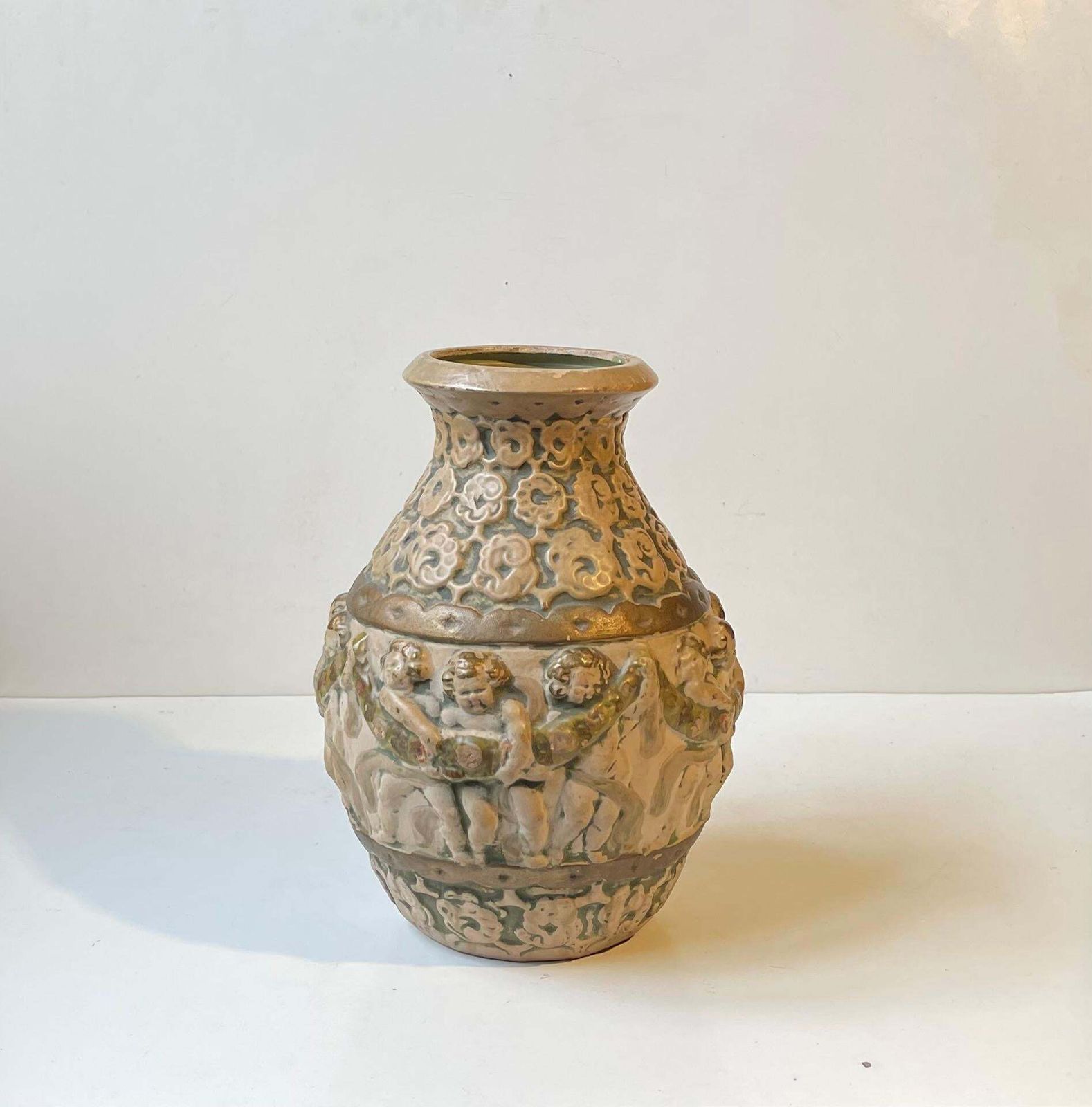 Antique Hand Painted Pottery Vase W. Putti's   Renaissance Revival In Style photo for sale