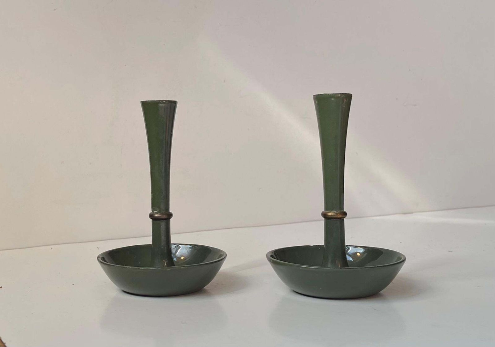 Ens Harald Quistgaard Candleholders In Green Enamel, Brass & Cast Iron, 1960s photo for sale