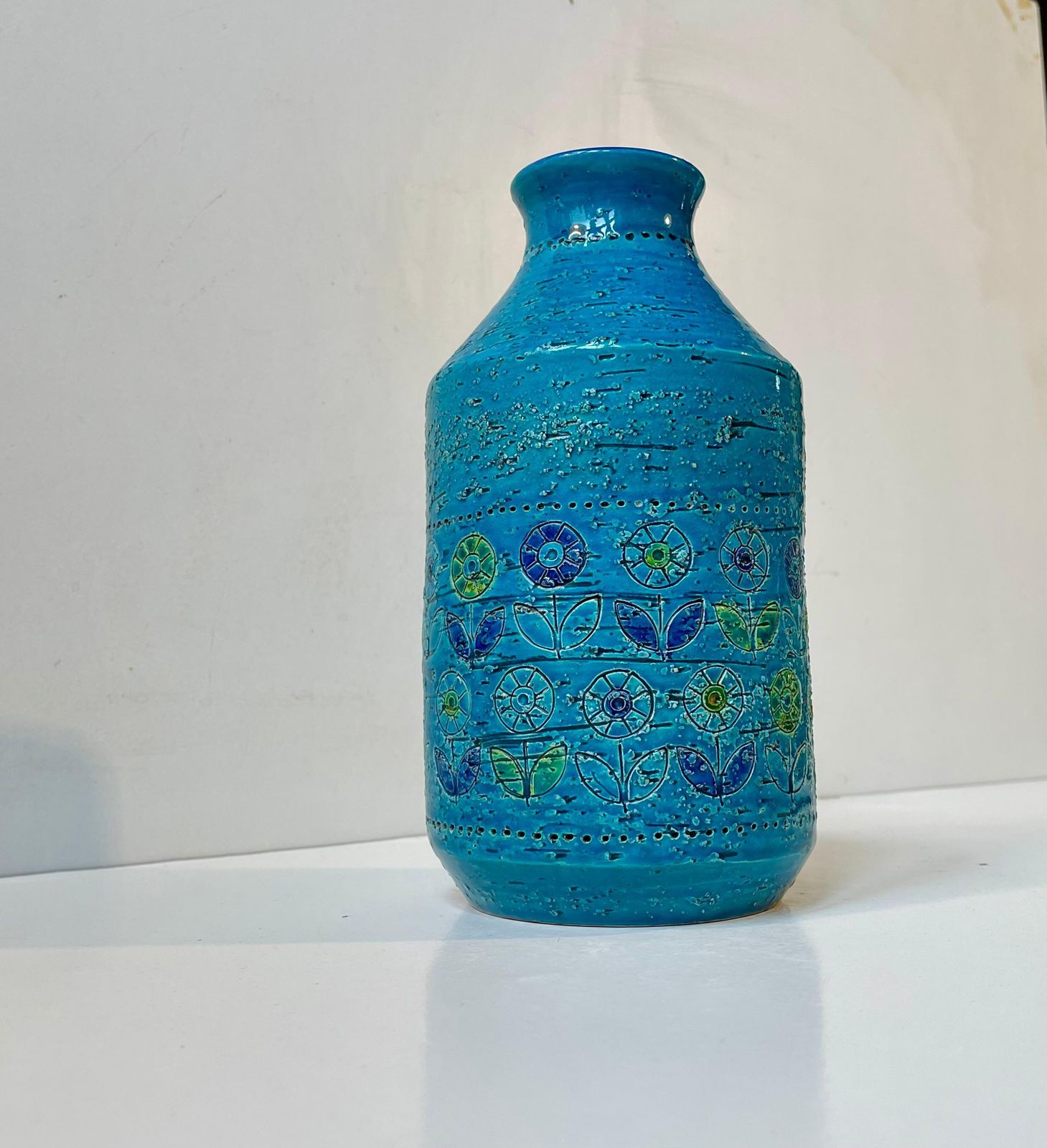 Italian Modern Turquoise Stoneware Vase W.Sunflowers By Aldo Londi For Bitossi photo Home Decor