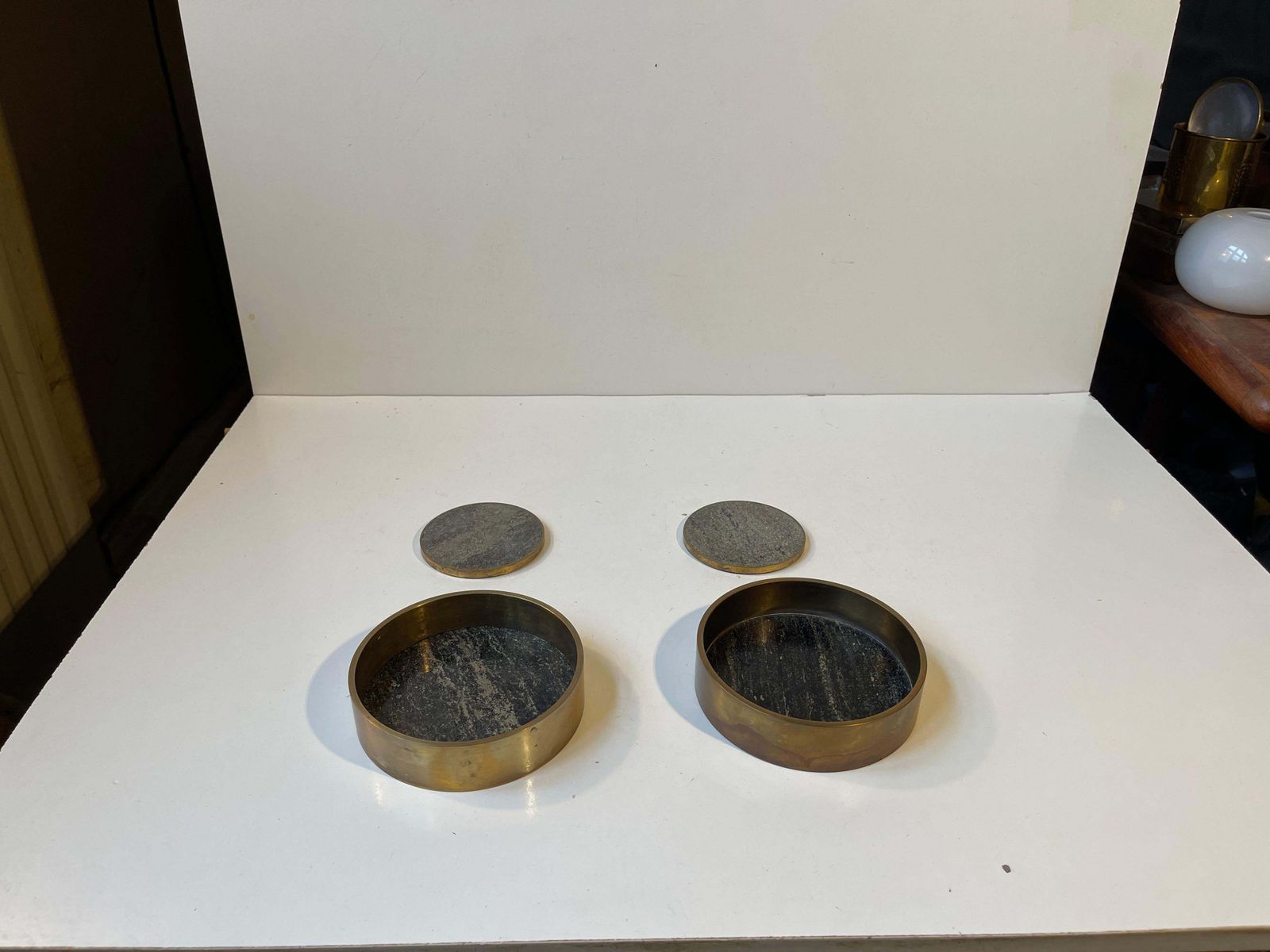 Mid Century Natural Stone And Brass Wine & Drink Coasters By Saulo Norway, 1960s photo buy
