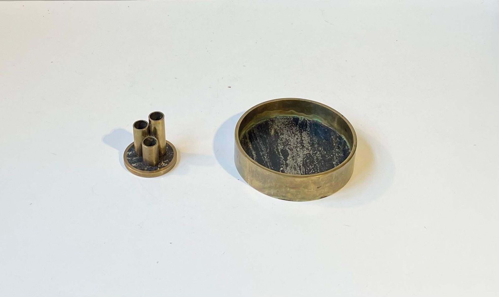 Midcentury Natural Stone & Brass Pen Holder & Ashtray By Saulo Norway, 1960s photo for sale