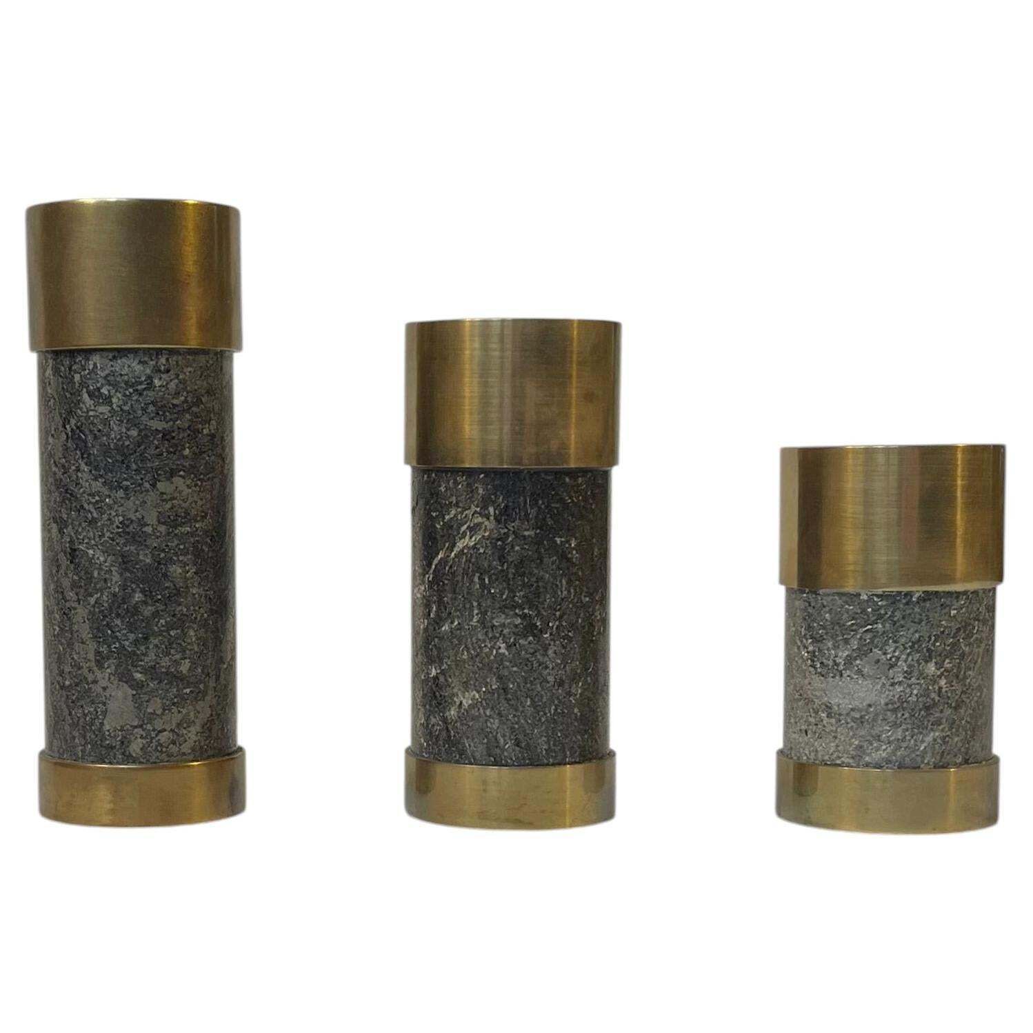 Mid Century Natural Stone And Brass Candleholders By Saulo Norway, 1960s