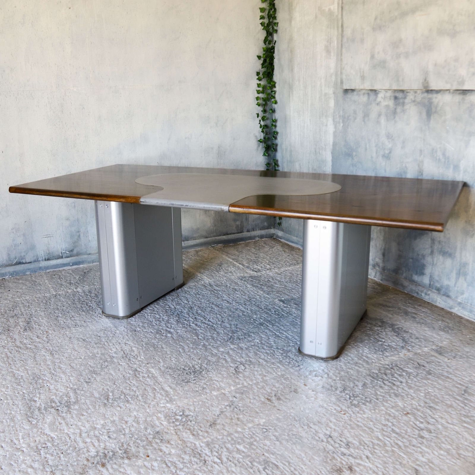 photo for sale Large Industrial Desk   Aged Oak Top, Grey Leather & Aviation Style Pedestals C.1970s 80s