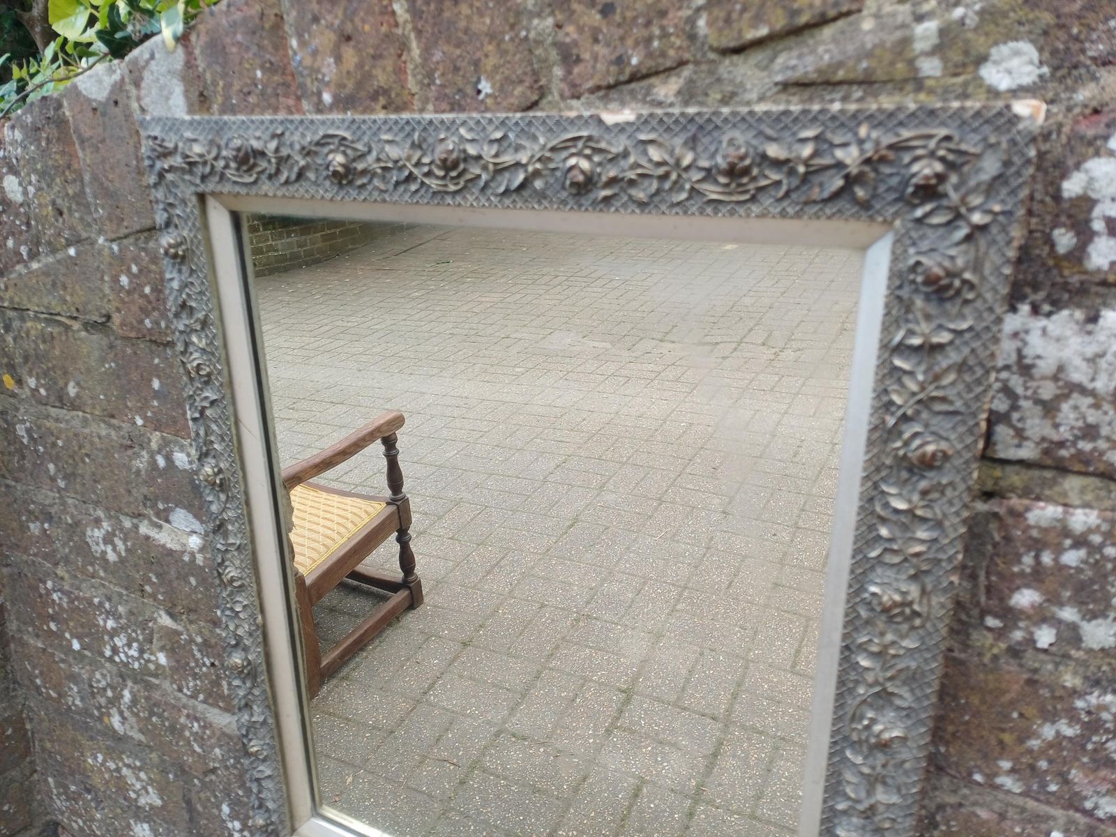 145.0 Early 20th Century Floral Gesso Wall Mirror, Antique Victorian Style, Ornate Wooden Frame, Original Glass, Silver Inner Trim photo