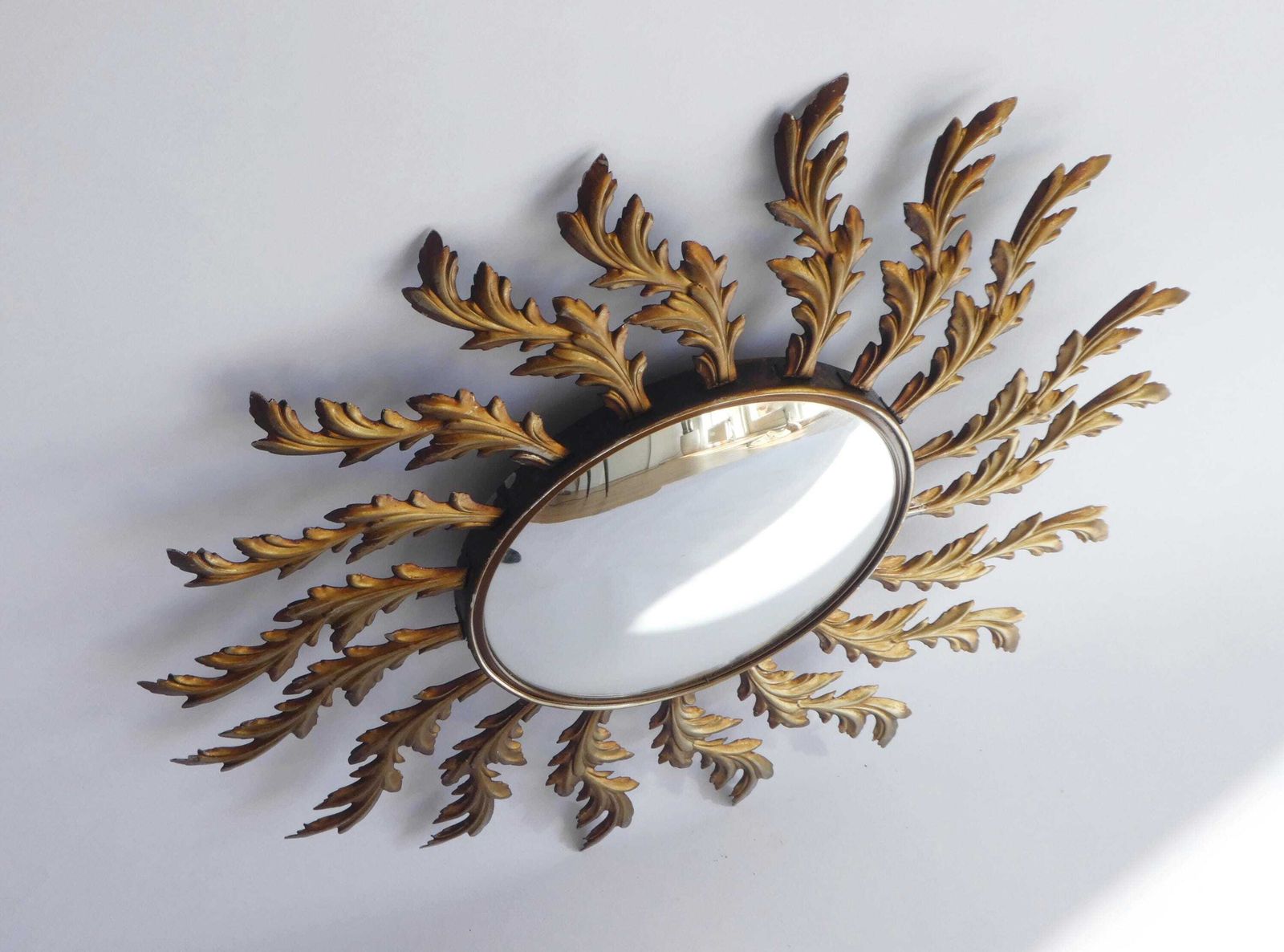 Mid Century Metal Sunburst Convex Mirror, Hollywood Regency Wall Mirror photo furniture