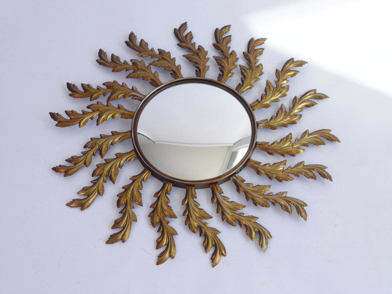 Mid Century Metal Sunburst Convex Mirror, Hollywood Regency Wall Mirror photo for sale