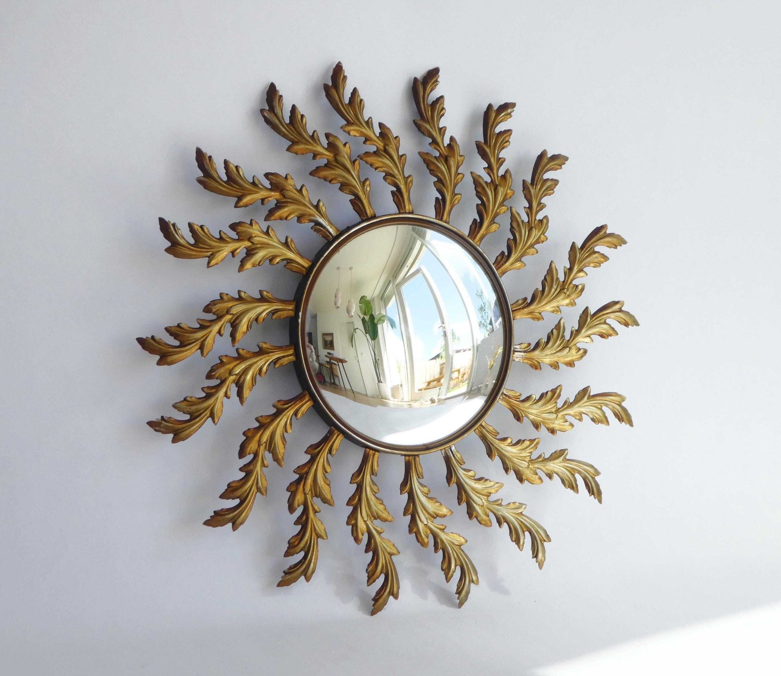 Mid Century Metal Sunburst Convex Mirror, Hollywood Regency Wall Mirror photo Home Decor