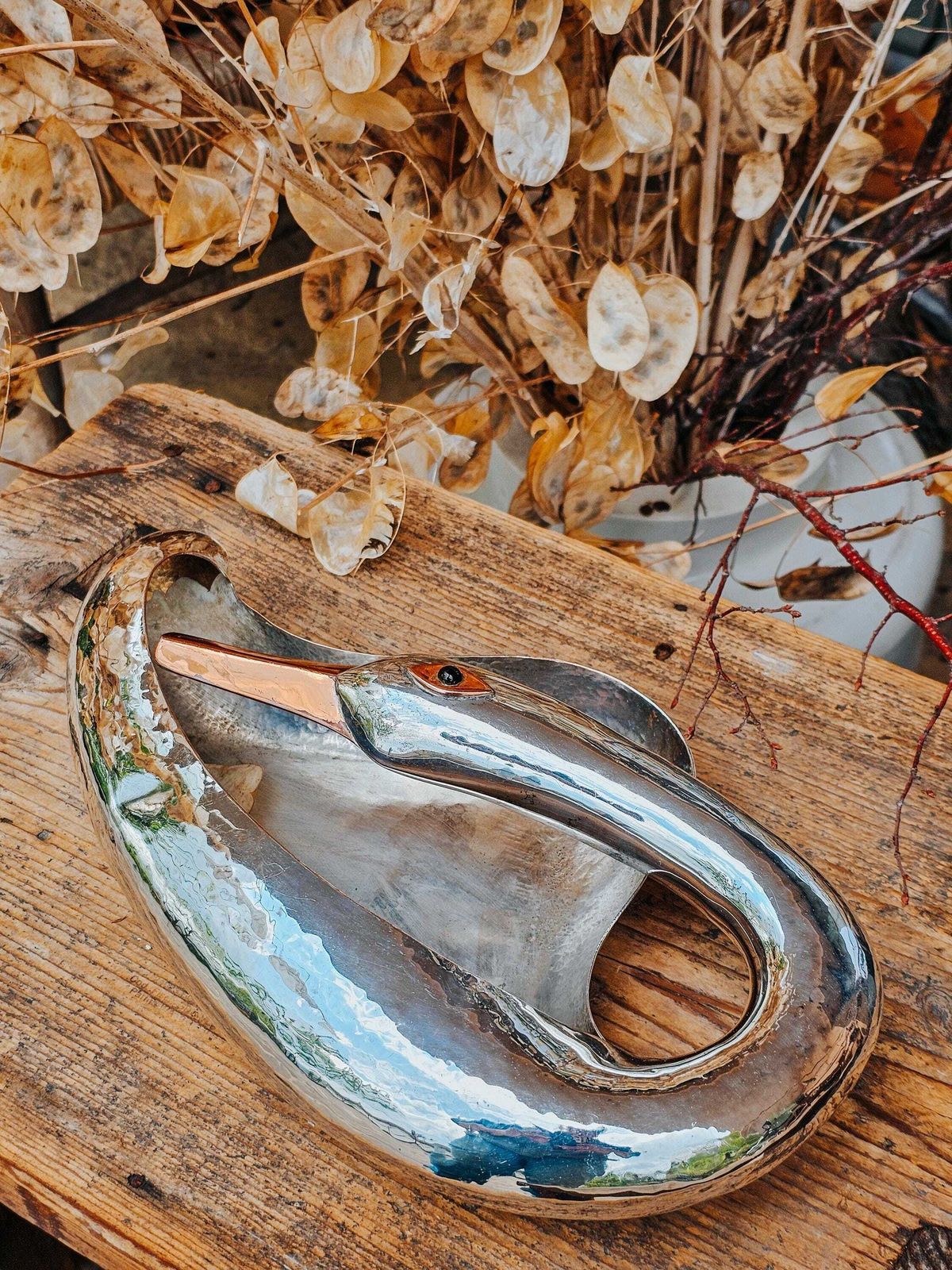 Los Castillo Taxco Mexico · Swan Bowl Silver Plated Copper · Vintage Mid Century · Hammered · Model 300 photo Home Decor
