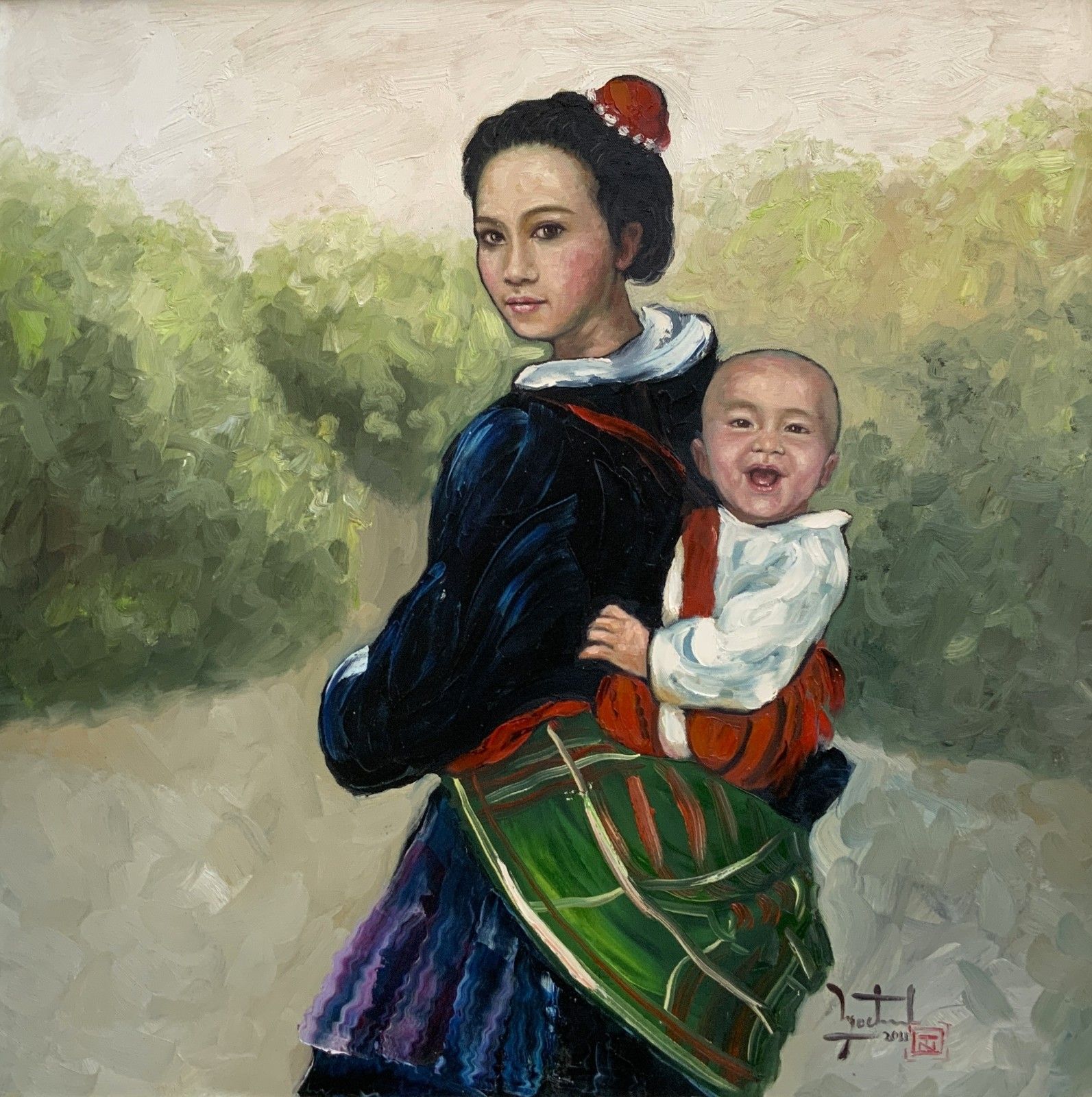 Large Signed Original Contemporary Asian Oil Portrait Painting (1 Of 2) photo for sale