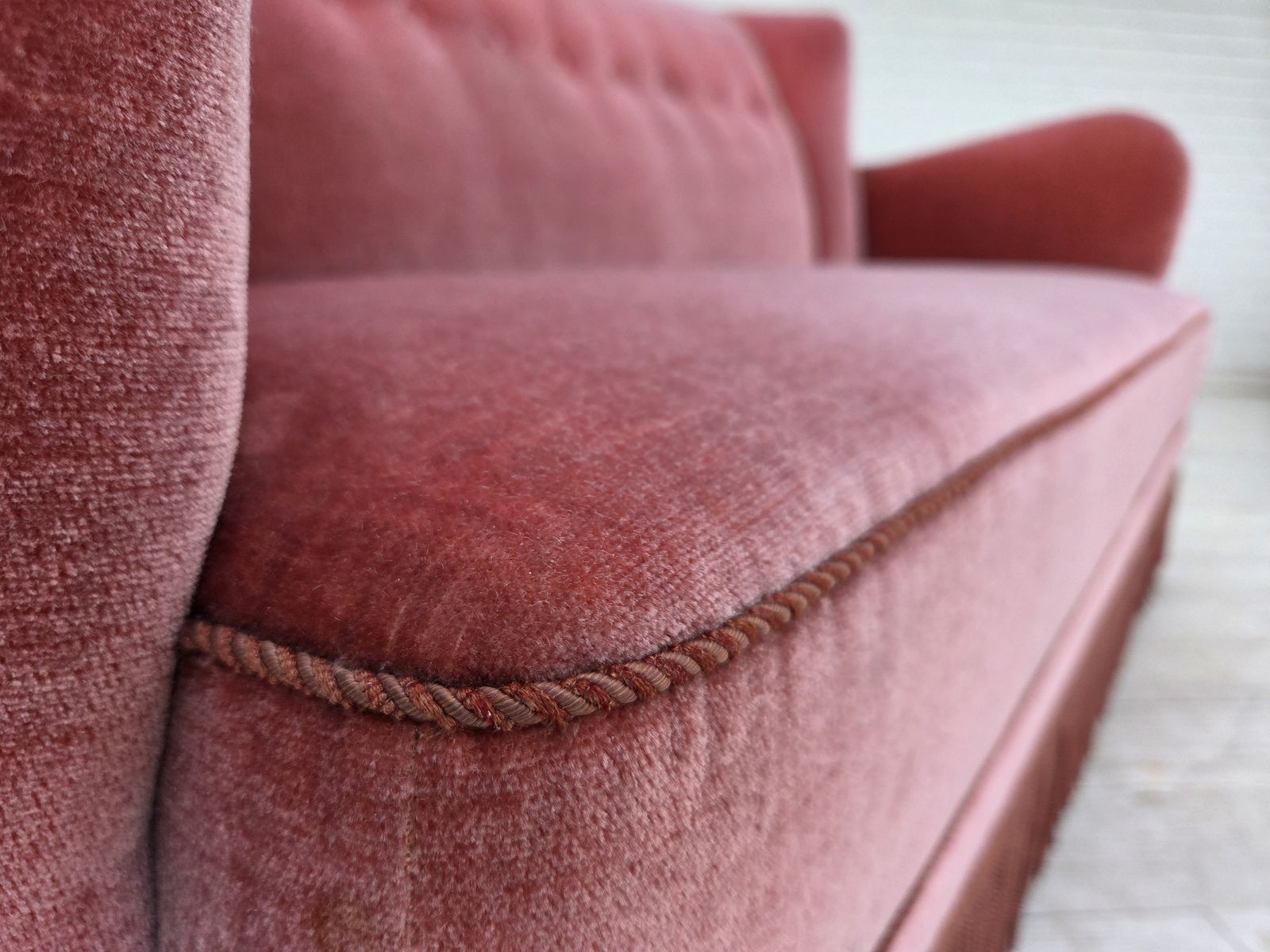 1970s, Danish 2 Seater Sofa, Salmon Pink Furniture Velour, Oak Wood. photo 1890.0
