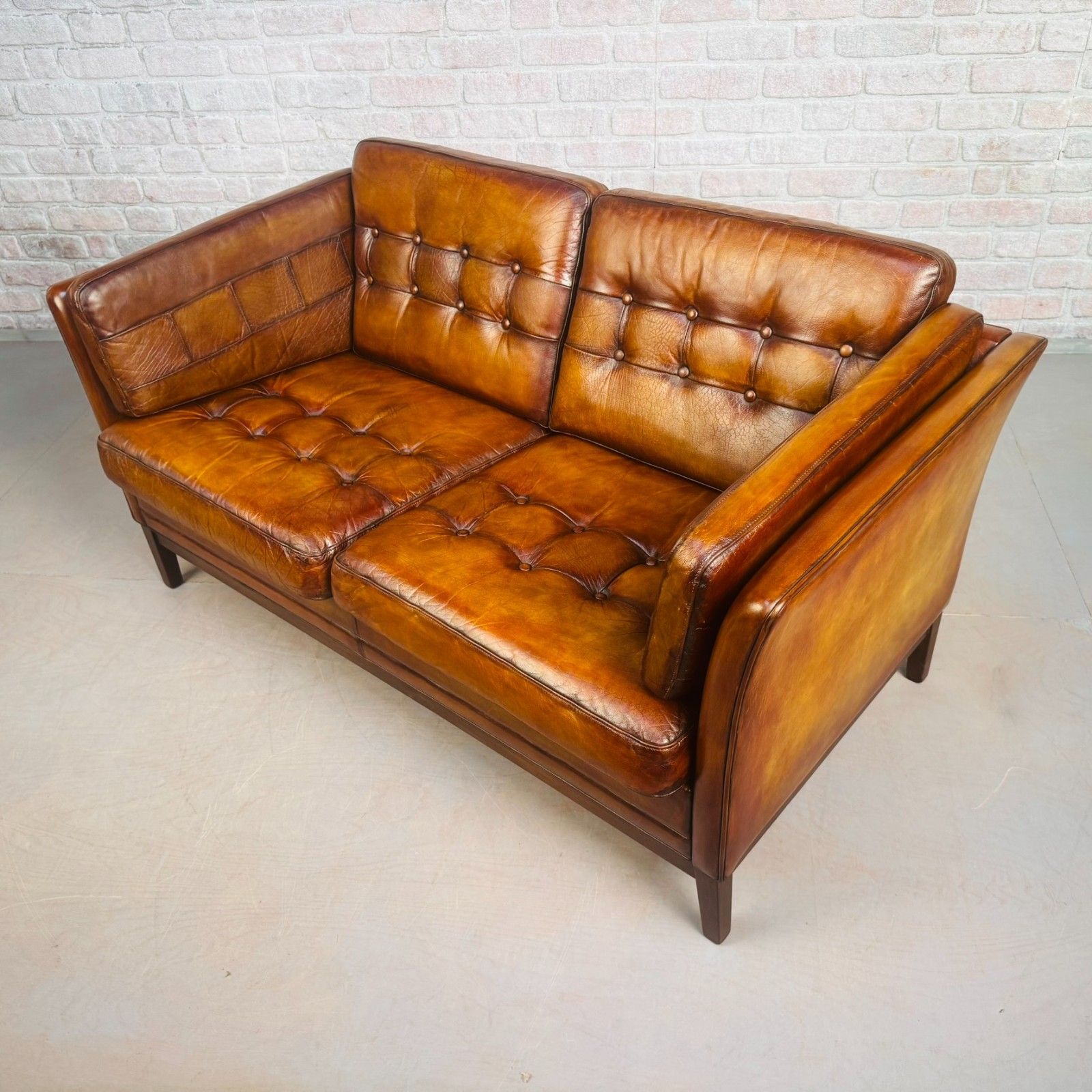 photo for sale Pair Of Vintage Danish Tan Leather Two Seater Sofas