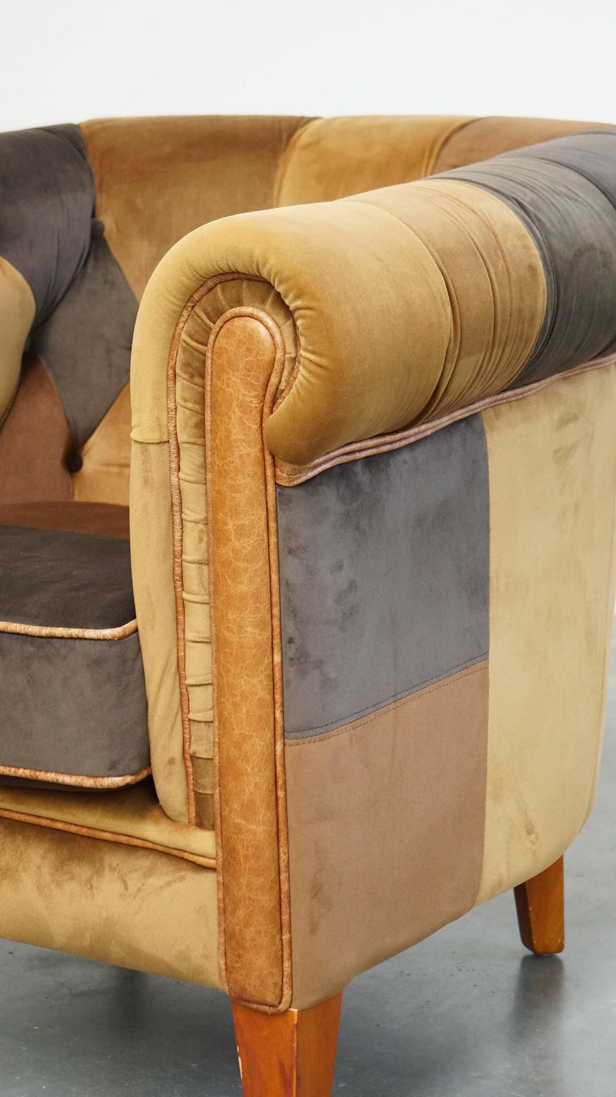 photo for sale Unique English Style Fabric Patchwork Chesterfield Club Armchair In Very Good Condition