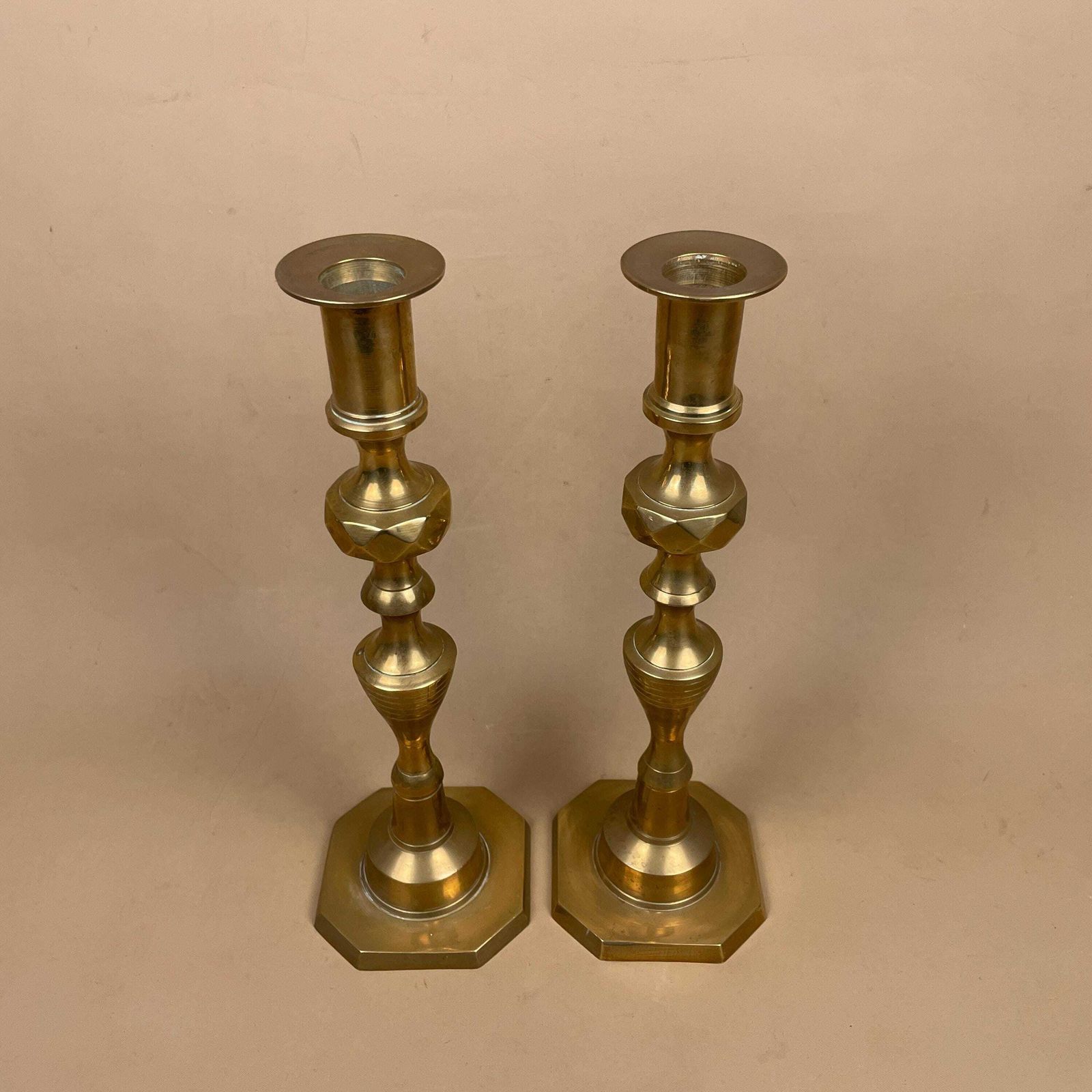 Antique Matching Pair Of Gold Brass Metal Candlestick Candle Stick Holders Vintage Column Taper Dinner Candlesticks Base Pillar Holder photo for sale