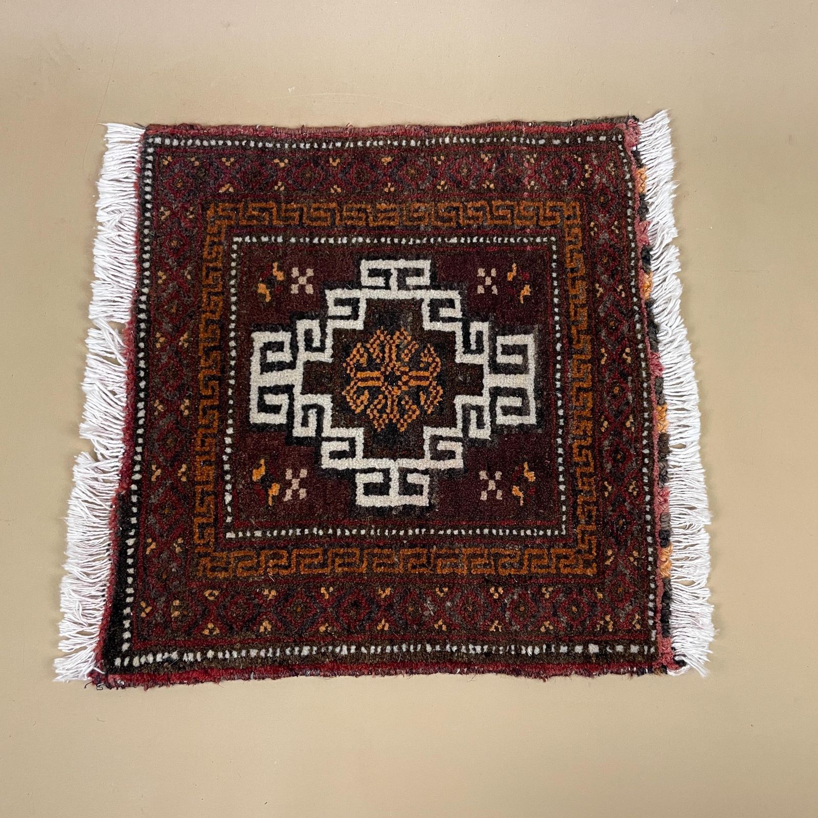 Antique Woven Rug Carpet Placemat Mat Handmade Rectangle Wool Vintage Textile Patterned Pattern 36x35cm Old Small Tassels Mini Coaster Brown photo Textiles