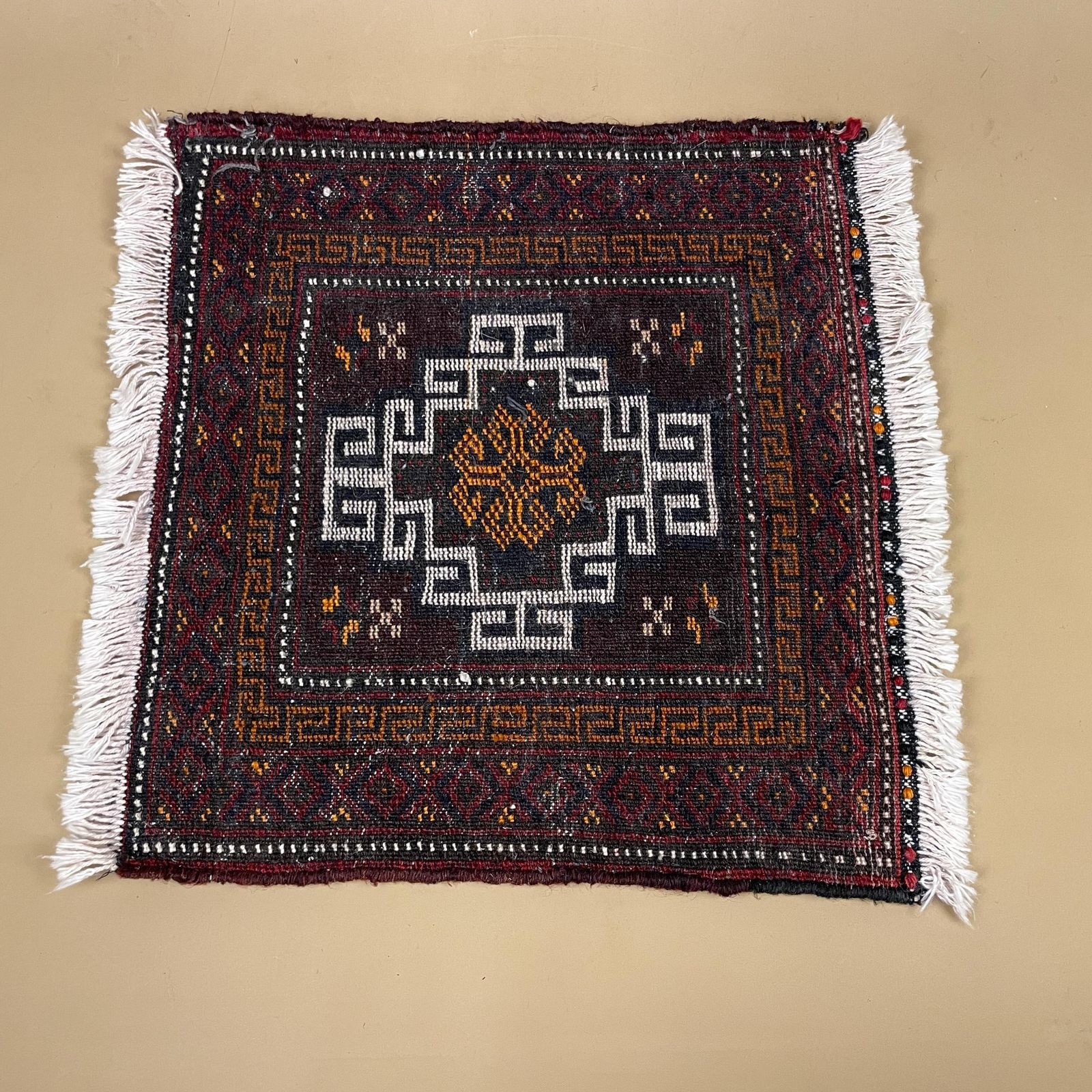 photo furniture Antique Woven Rug Carpet Placemat Mat Handmade Rectangle Wool Vintage Textile Patterned Pattern 36x35cm Old Small Tassels Mini Coaster Brown
