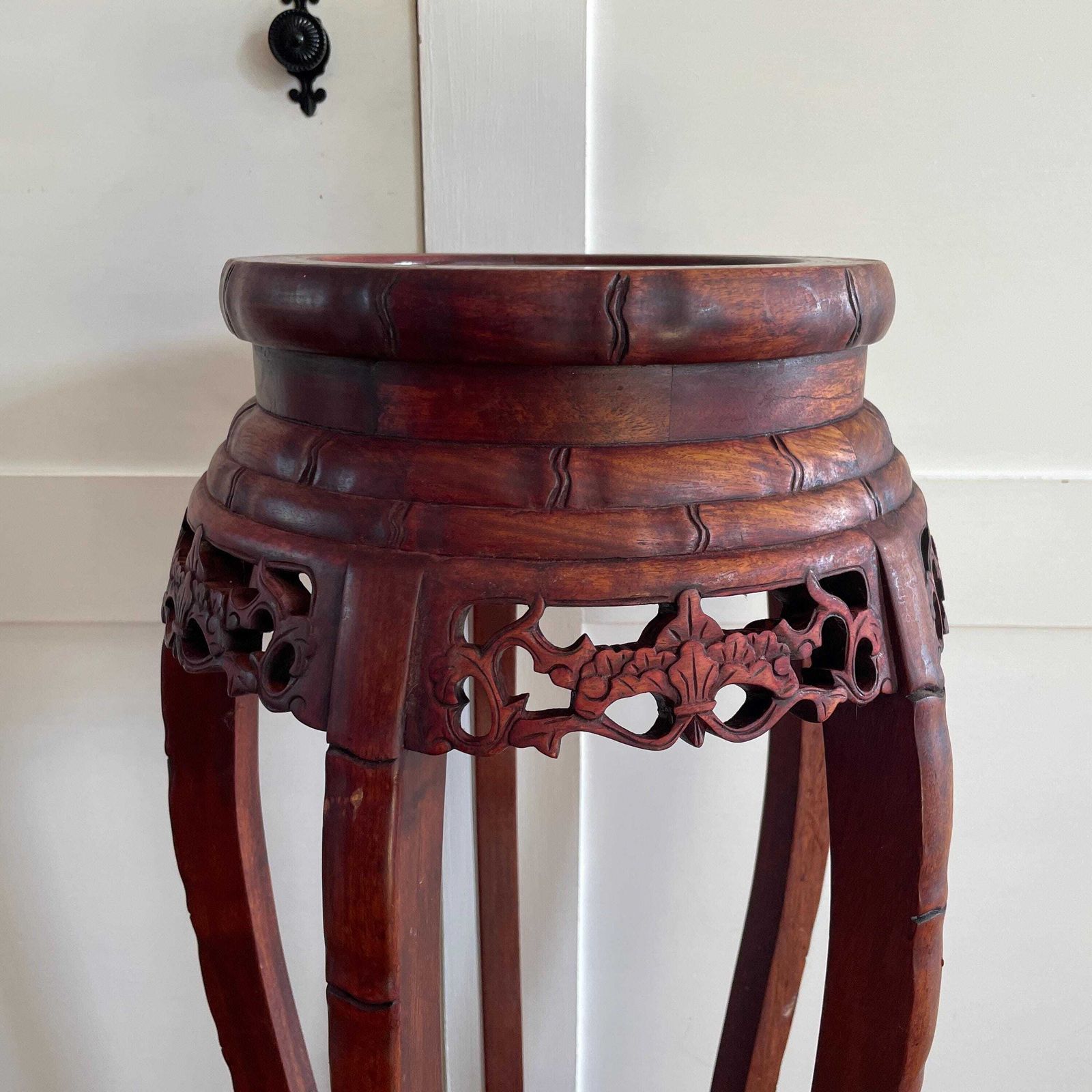 Antique Oriental Plant Stand Table Carved Wooden Marble Top Chinese Sculpture Carved Display Floral Carving Round Accent Lamp Side Pedestal photo for sale