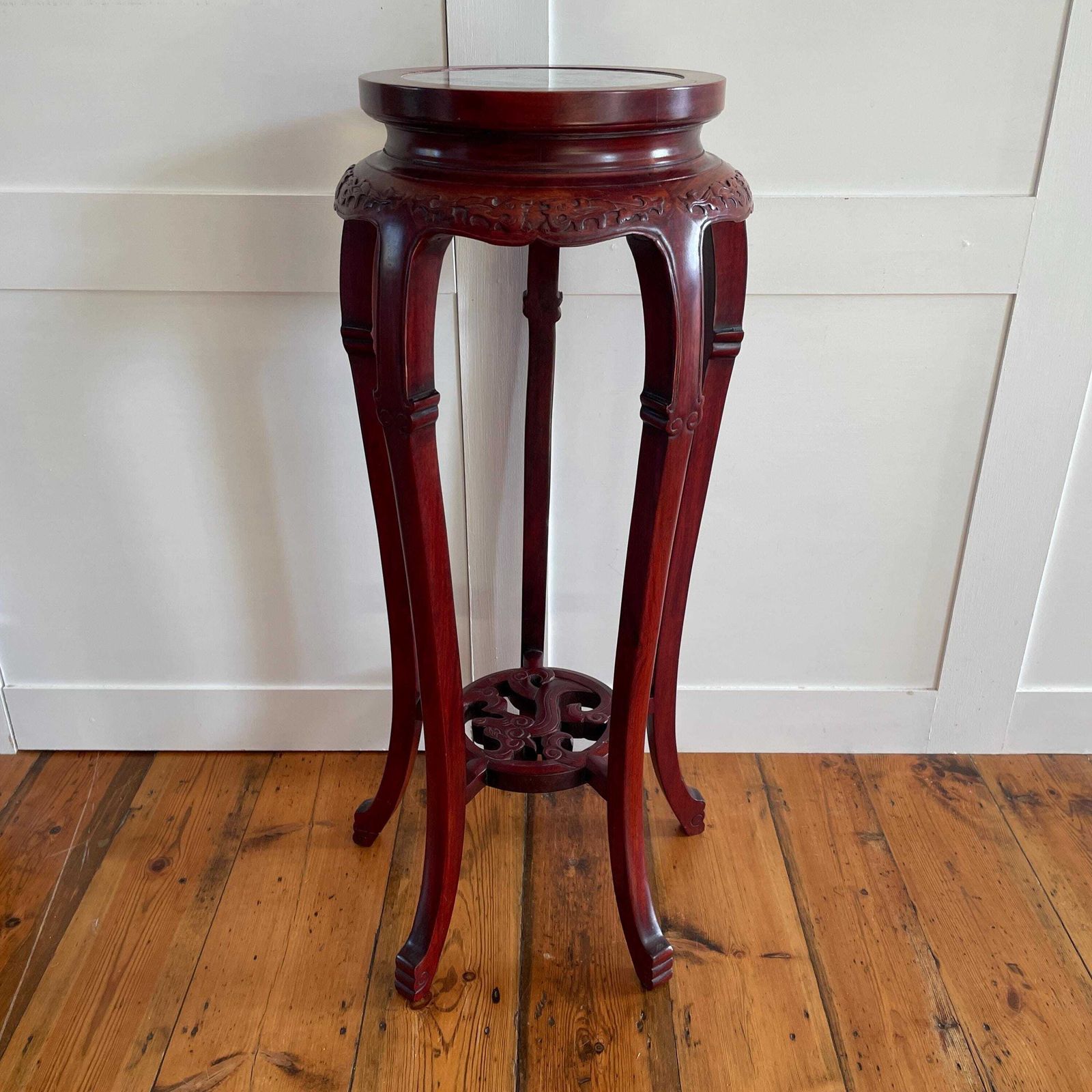Antique Oriental Plant Stand Table Carved Wooden Marble Top Chinese Sculpture Carved Display Floral Carving Round Accent Lamp Side Pedestal photo furniture