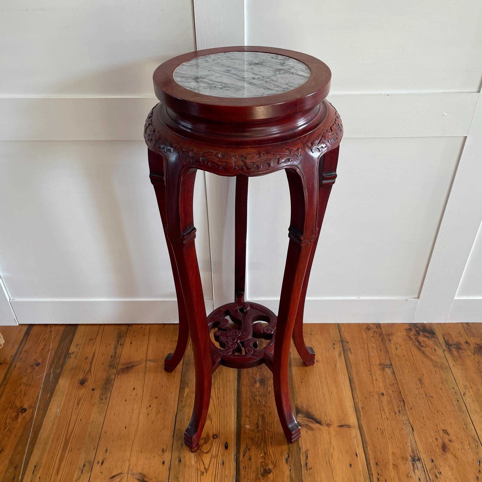 photo for sale Antique Oriental Plant Stand Table Carved Wooden Marble Top Chinese Sculpture Carved Display Floral Carving Round Accent Lamp Side Pedestal