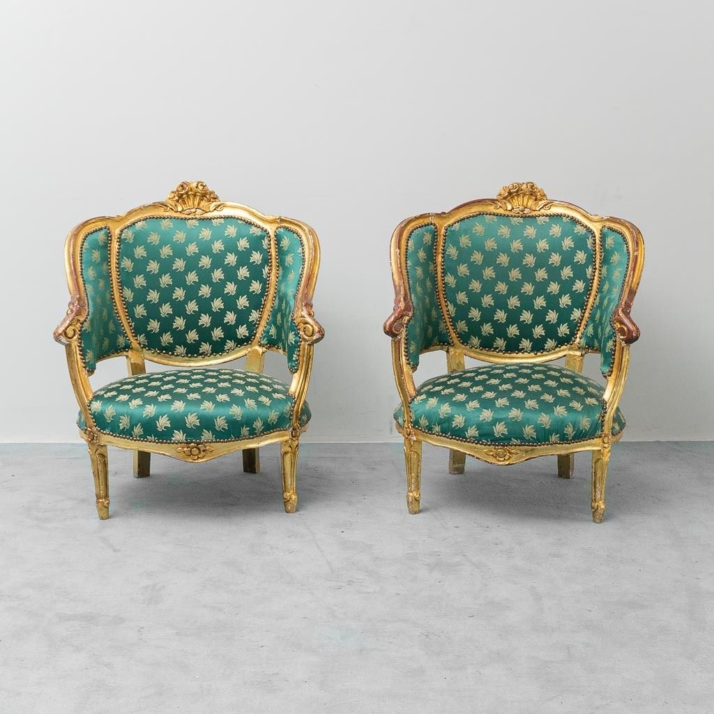 Pair Of Louis XV Style Armchairs In Gold With Vintage Green Fabric photo for sale