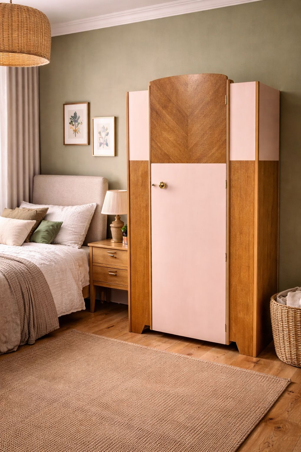 Upcycled Mid Century Wardrobe | Oak Veneer & Blush Panels | Vintage Lock & Key photo furniture