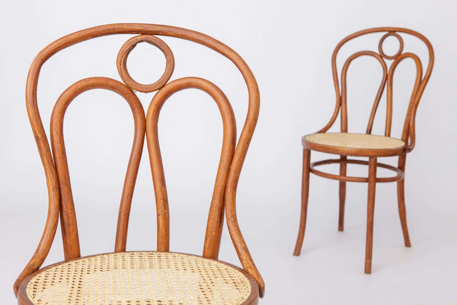 Set Of 2 Bentwood Angel Chairs 1940s, Vienna Cane Seats, Stained Beech Wood, Vintage Dining Chairs photo for sale