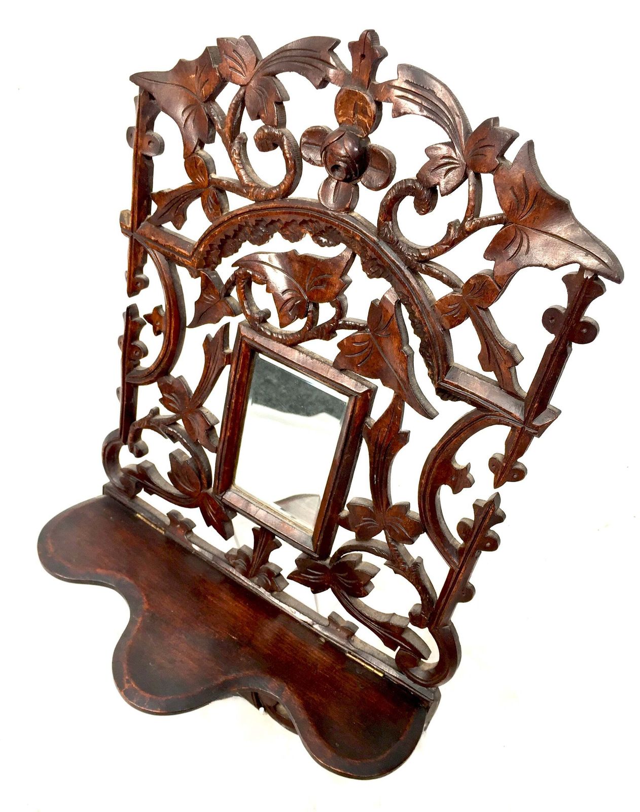 Antique Wall Hanging Carved Black Forest Folding Shelf Mirror Art Nouveau C.1900 photo Home Decor