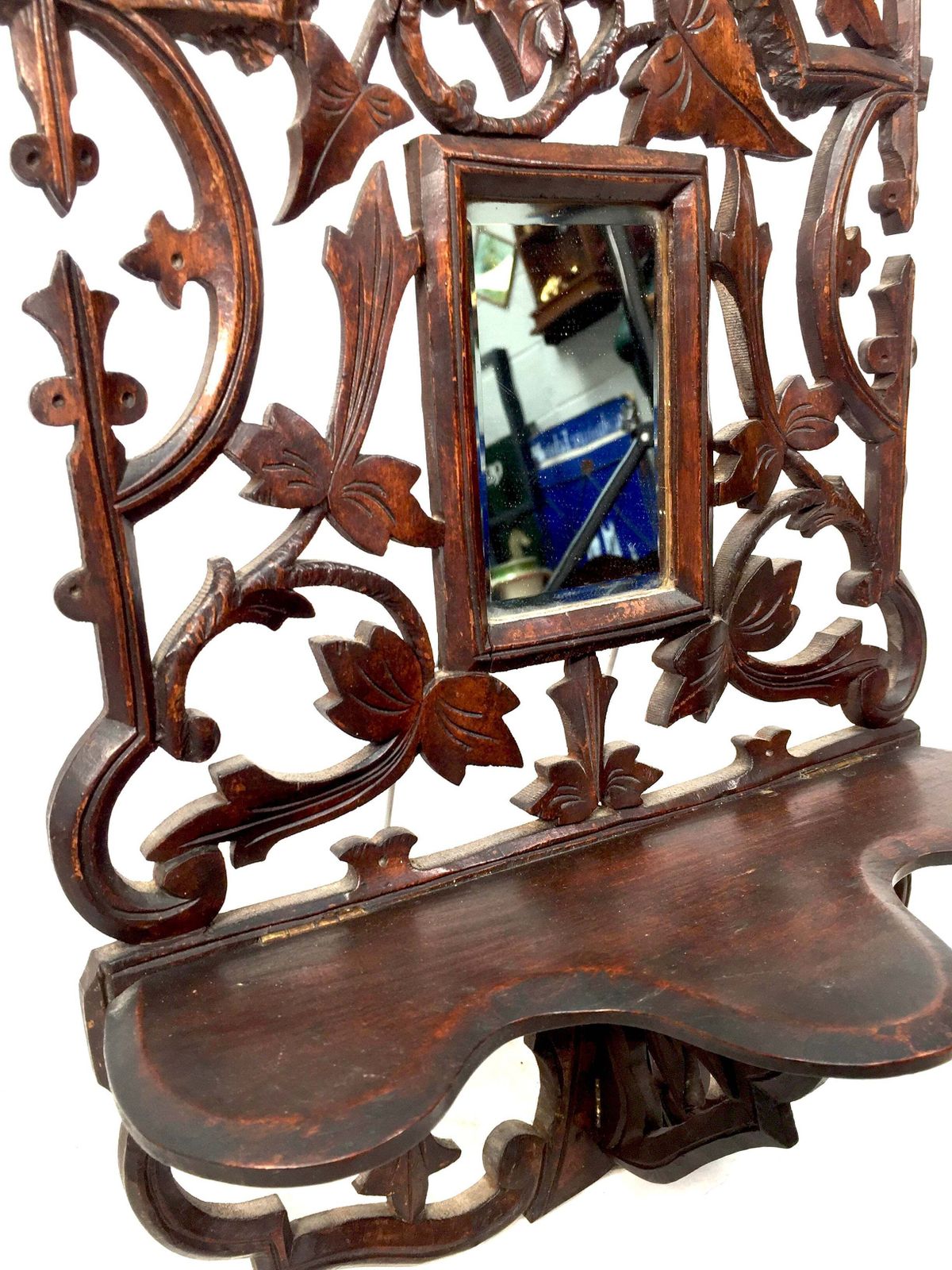 Antique Wall Hanging Carved Black Forest Folding Shelf Mirror Art Nouveau C.1900 photo 159.0