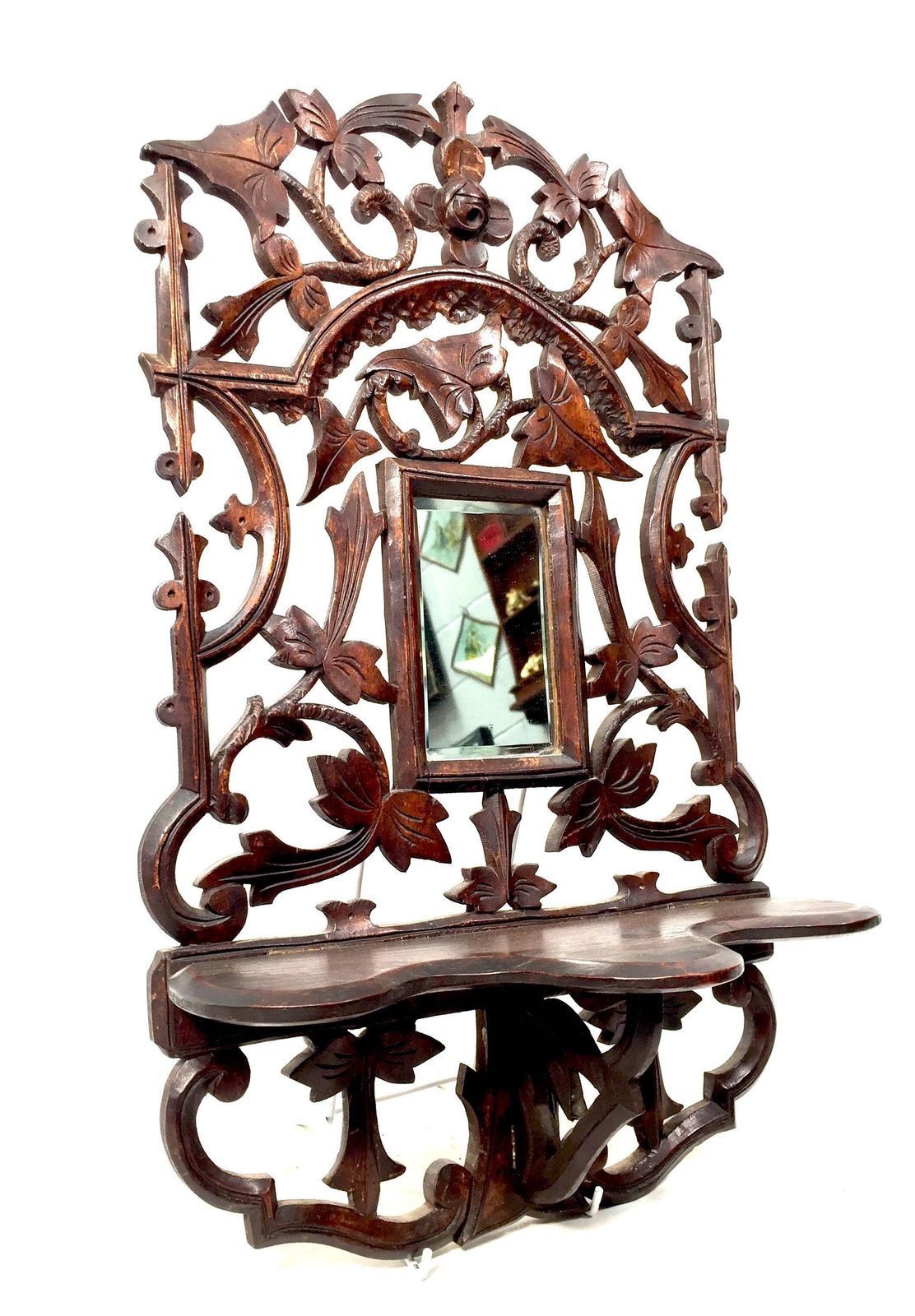 Antique Wall Hanging Carved Black Forest Folding Shelf Mirror Art Nouveau C.1900 photo vinterior