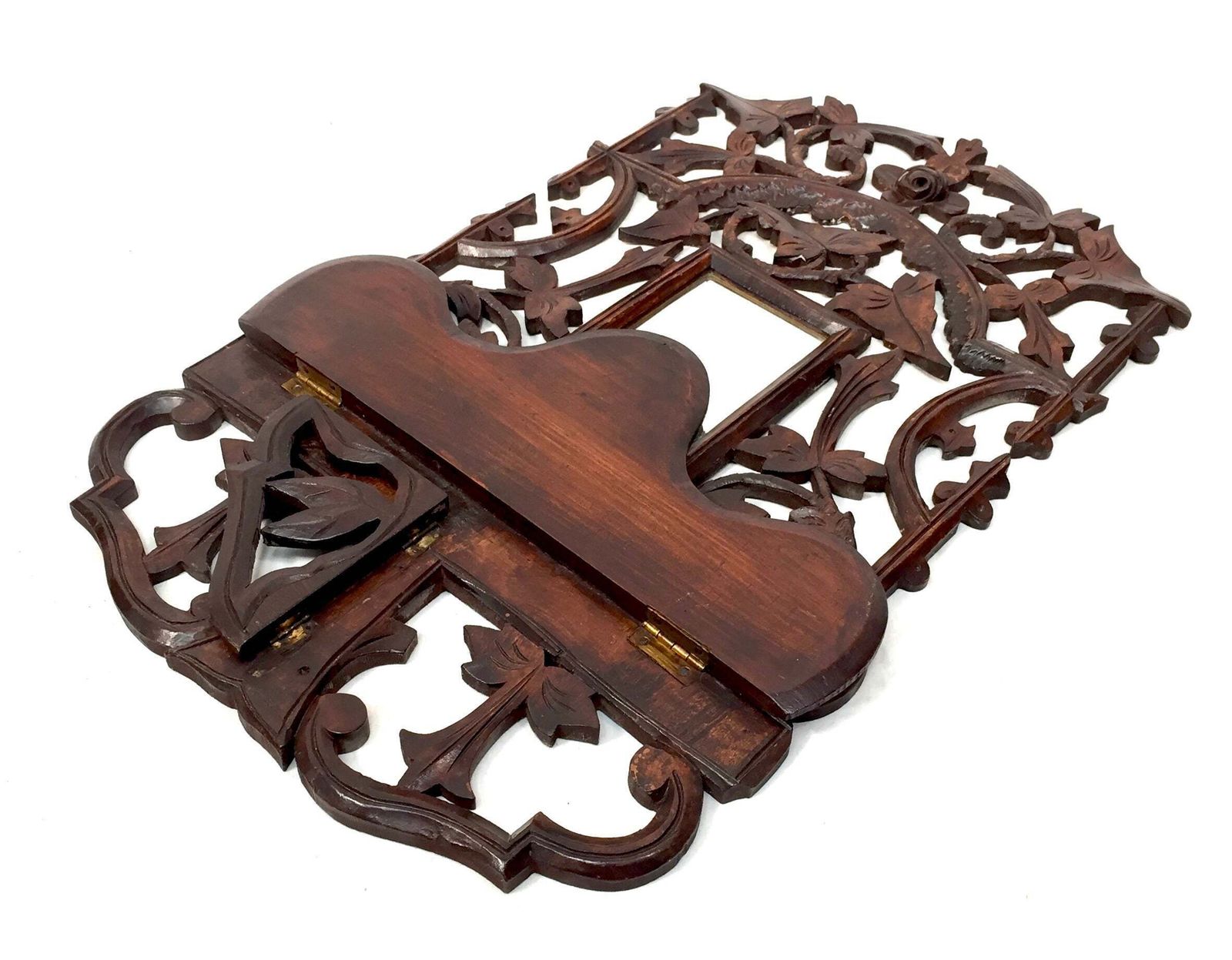 Home Decor Antique Wall Hanging Carved Black Forest Folding Shelf Mirror Art Nouveau C.1900 photo