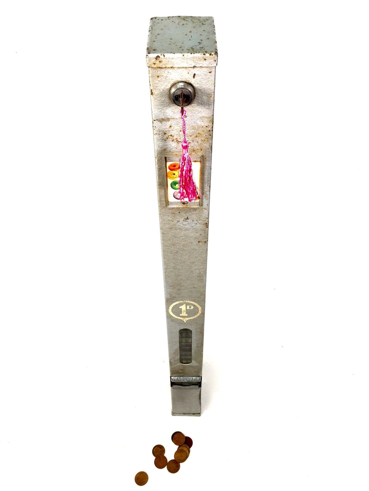 Antique Advertising   Old Penny Operated Metal Sweet Vending Machine Working Key photo 389.0