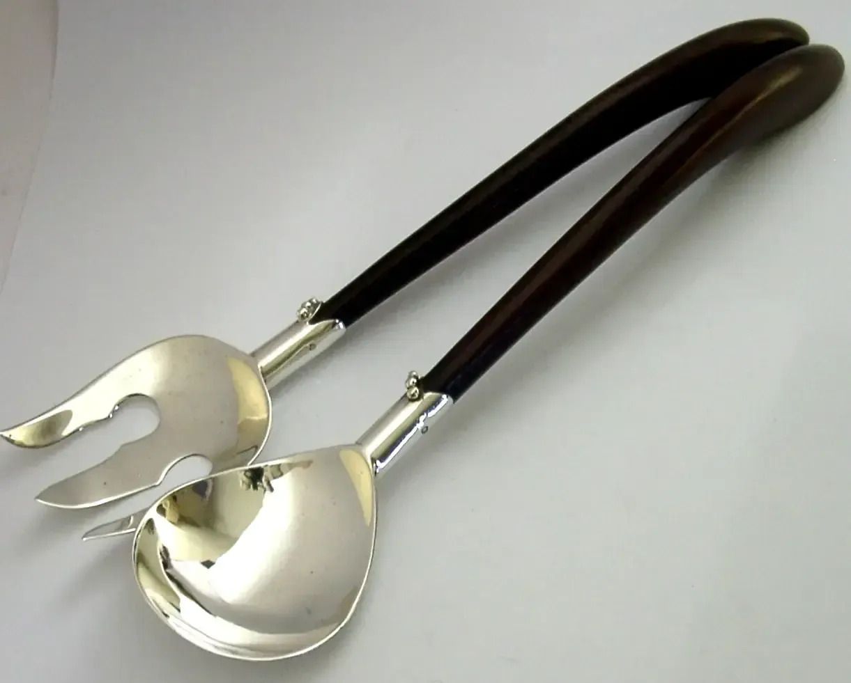 Stunning Larger Mexican Sterling Silver Salad Servers C1980 Arts & Crafts 120g