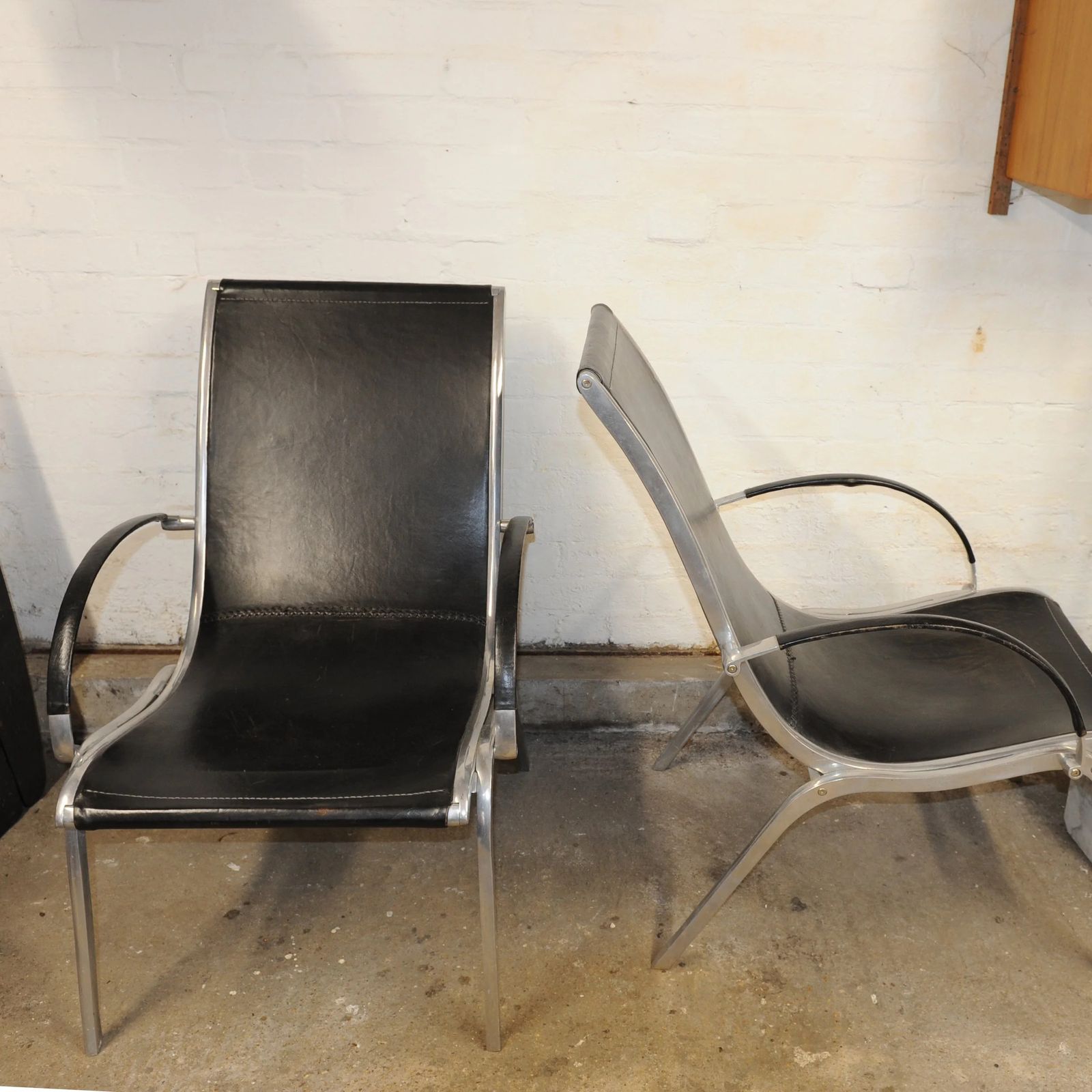 Pair Of Mid Century Leather And Aluminium Lounge Chairs By Rudolf Szedleczky, 1970s photo for sale