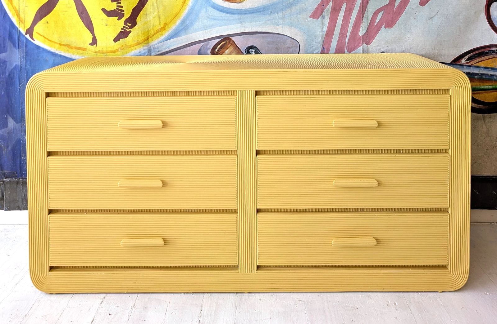 Vintage American Butter Yellow Pencil Reed Sideboard With Drawers / Dresser, 1970s photo furniture