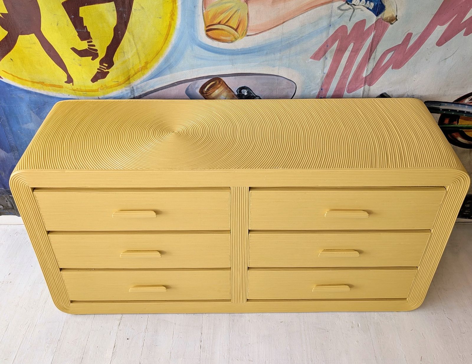 Furniture Vintage American Butter Yellow Pencil Reed Sideboard With Drawers / Dresser, 1970s photo