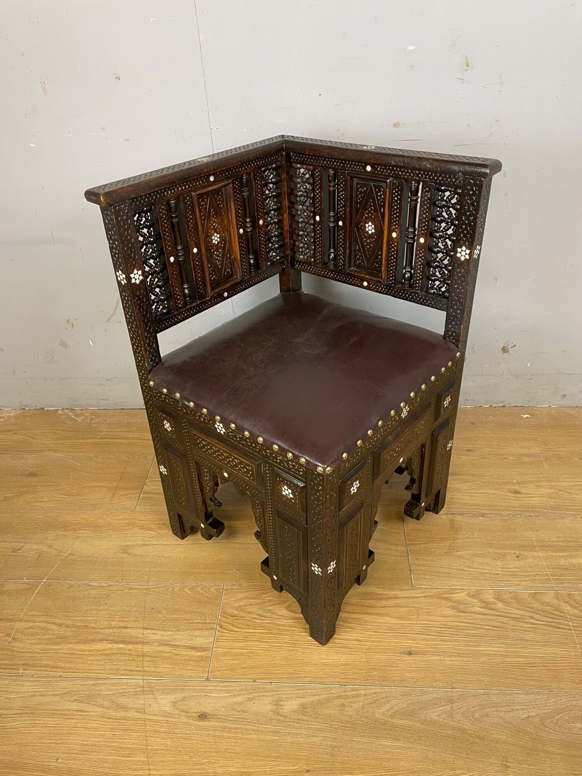 C19th Inlaid Carved Corner Chair With Mashrabiya Panels Attributed To Liberty And Co