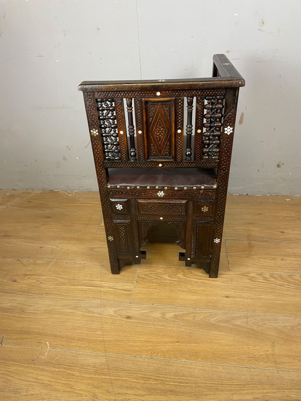 C19th Inlaid Carved Corner Chair With Mashrabiya Panels Attributed To Liberty And Co photo 675.0