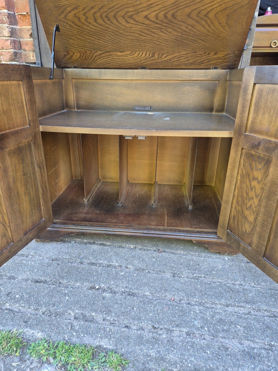 Furniture Vintage Oak Stereo Cabinet Lift Up Top & Base Cupboard photo