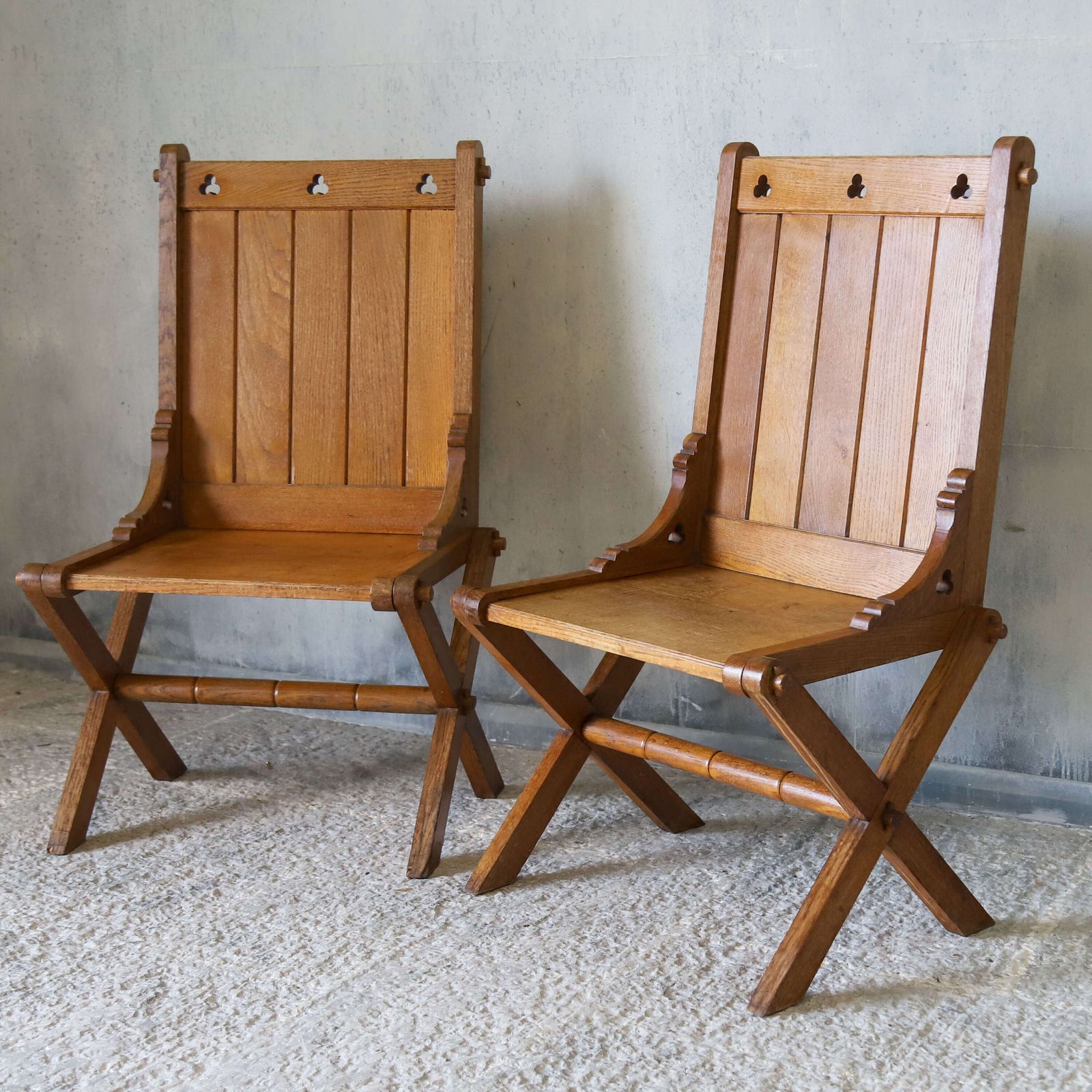 Pair Of Oak Gothic Revival Glastonbury Chairs With Trefoil Details, Early 1900s photo for sale