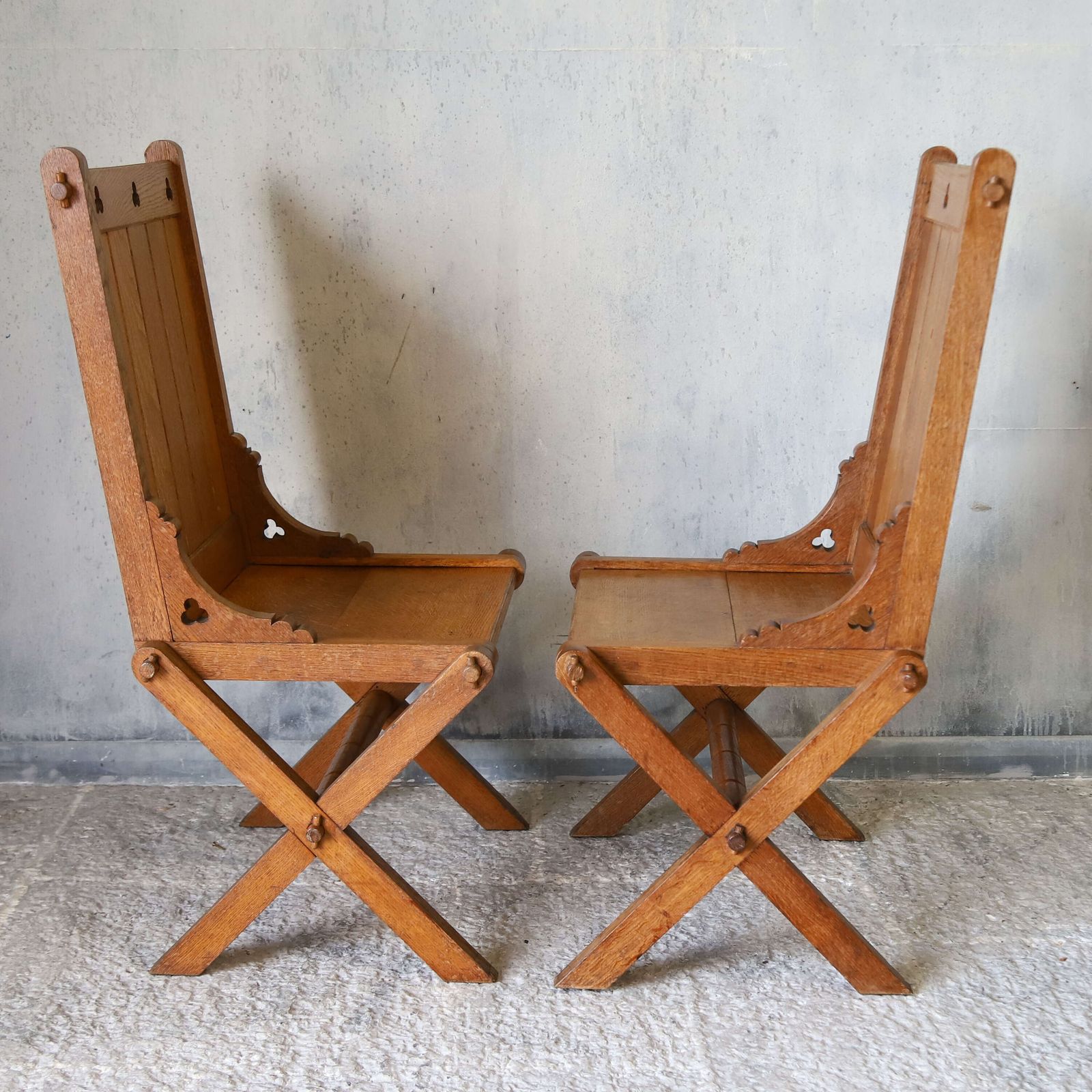 photo furniture Pair Of Oak Gothic Revival Glastonbury Chairs With Trefoil Details, Early 1900s