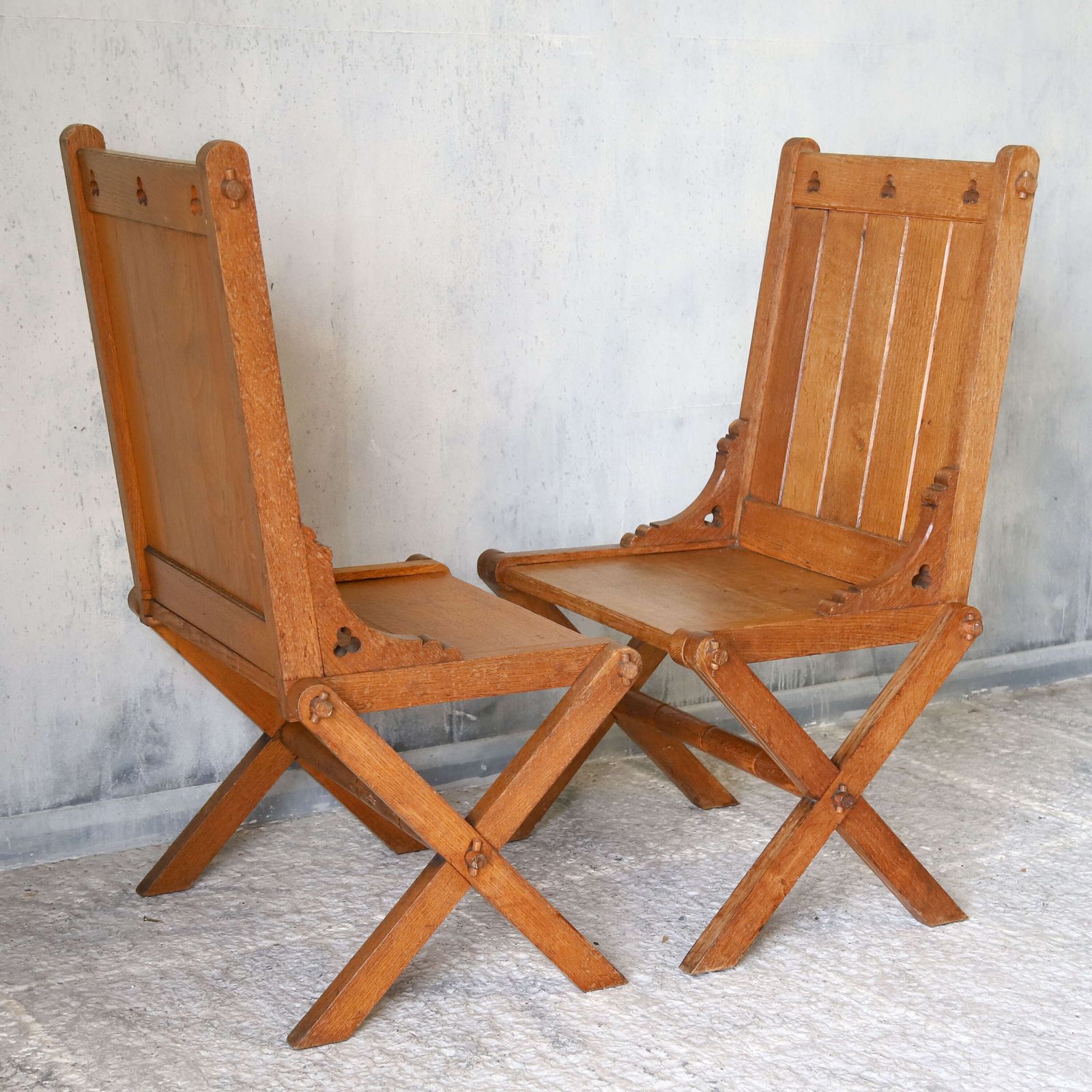Furniture Pair Of Oak Gothic Revival Glastonbury Chairs With Trefoil Details, Early 1900s photo