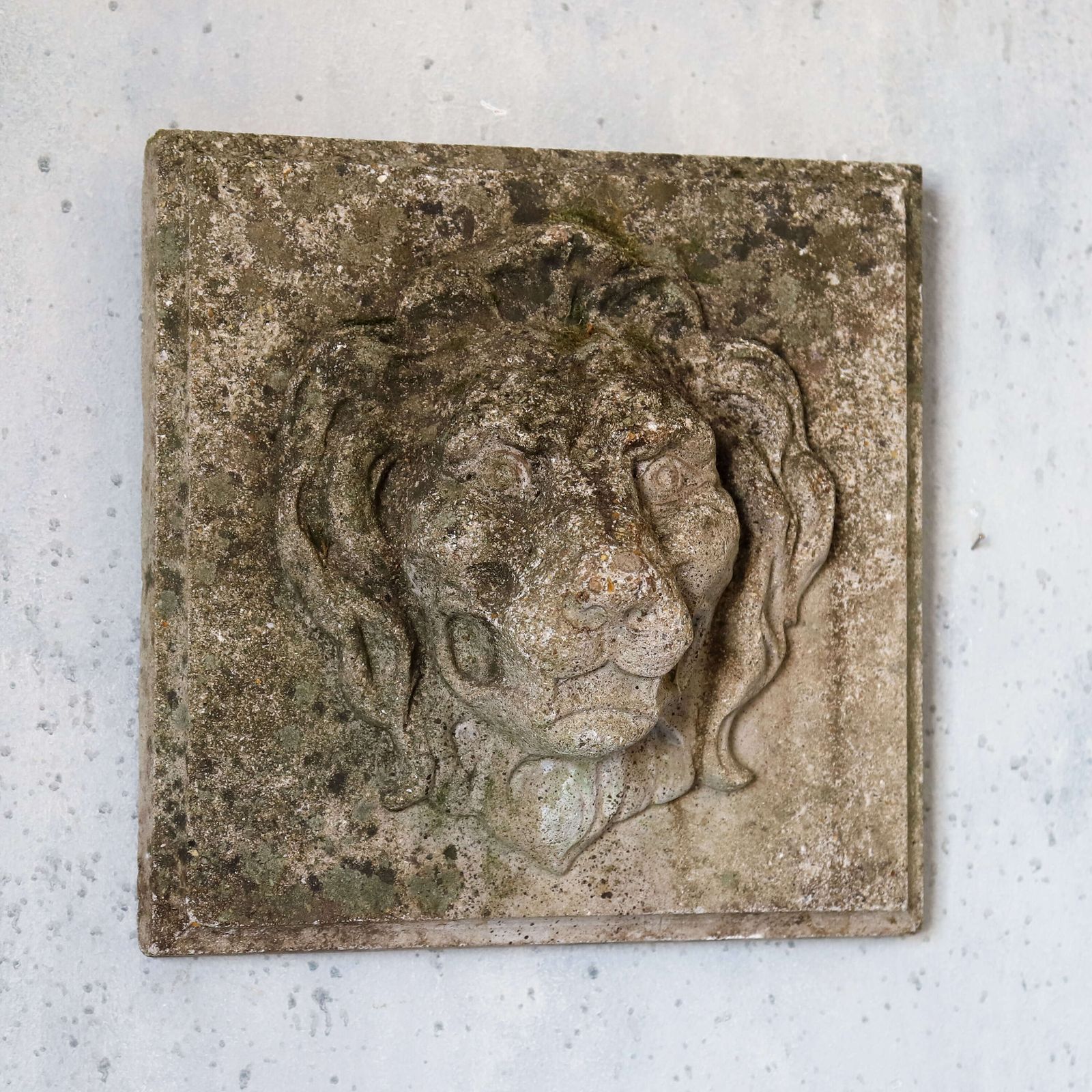Pair Of Composite Stone Lion Masks With Weathered Patina, Classical Style, C.1960s photo for sale