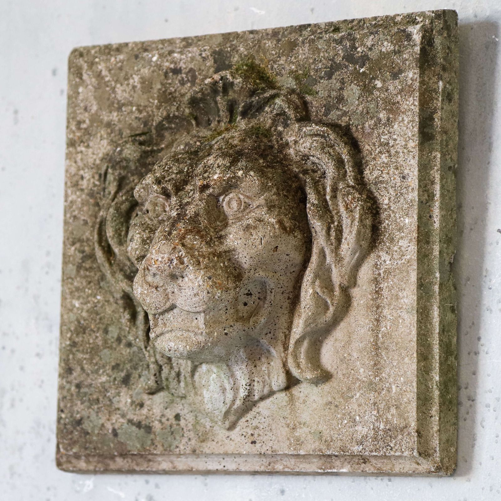 photo furniture Pair Of Composite Stone Lion Masks With Weathered Patina, Classical Style, C.1960s