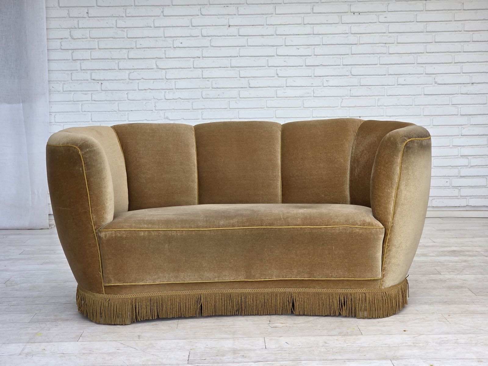 1960s, Danish "Banana" 2 Seater Sofa, Green Furniture Velour, Oak Wood. photo furniture