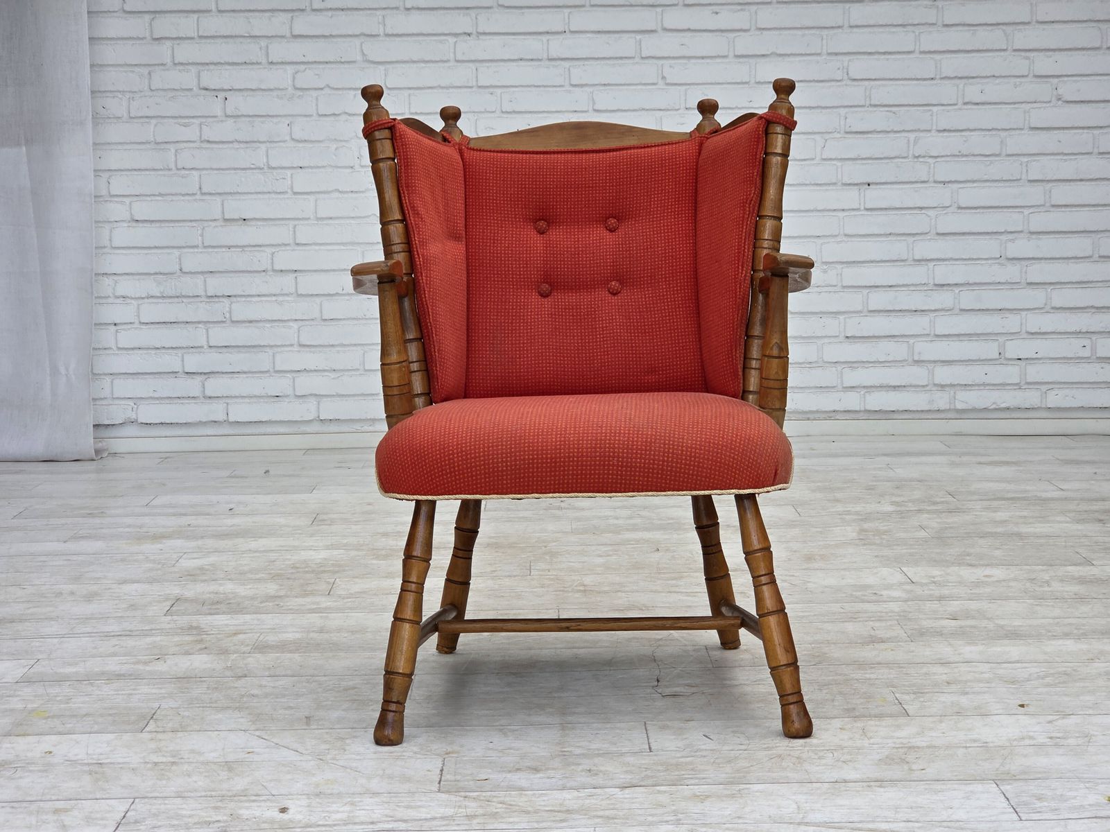 1960s, Scandinavian Armchair, Red Furniture Wool, Beech Wood. photo for sale